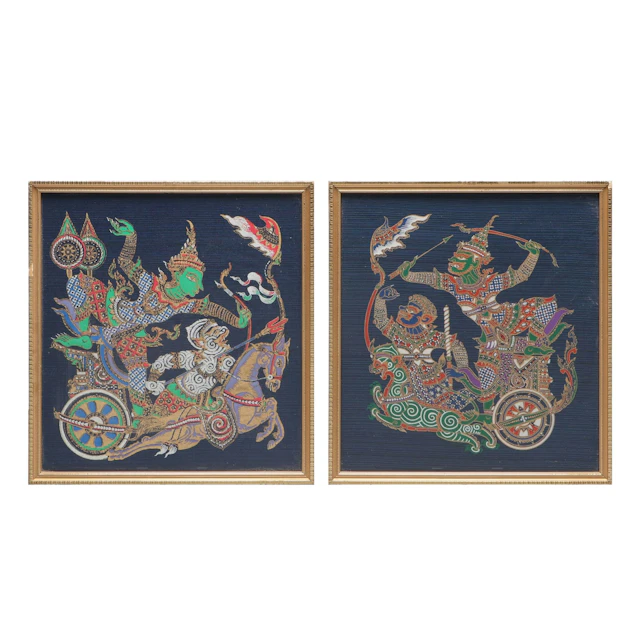 Thai Silk Paintings Depicting Scenes from "Ramakien" in Giltwood Frames