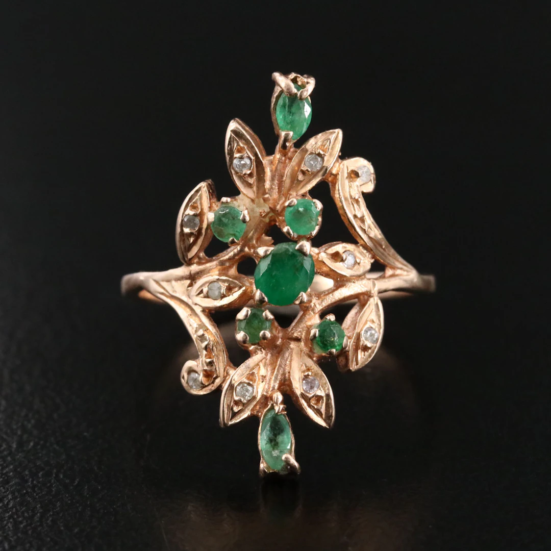 14K Emerald and Diamond Rose Gold Ring