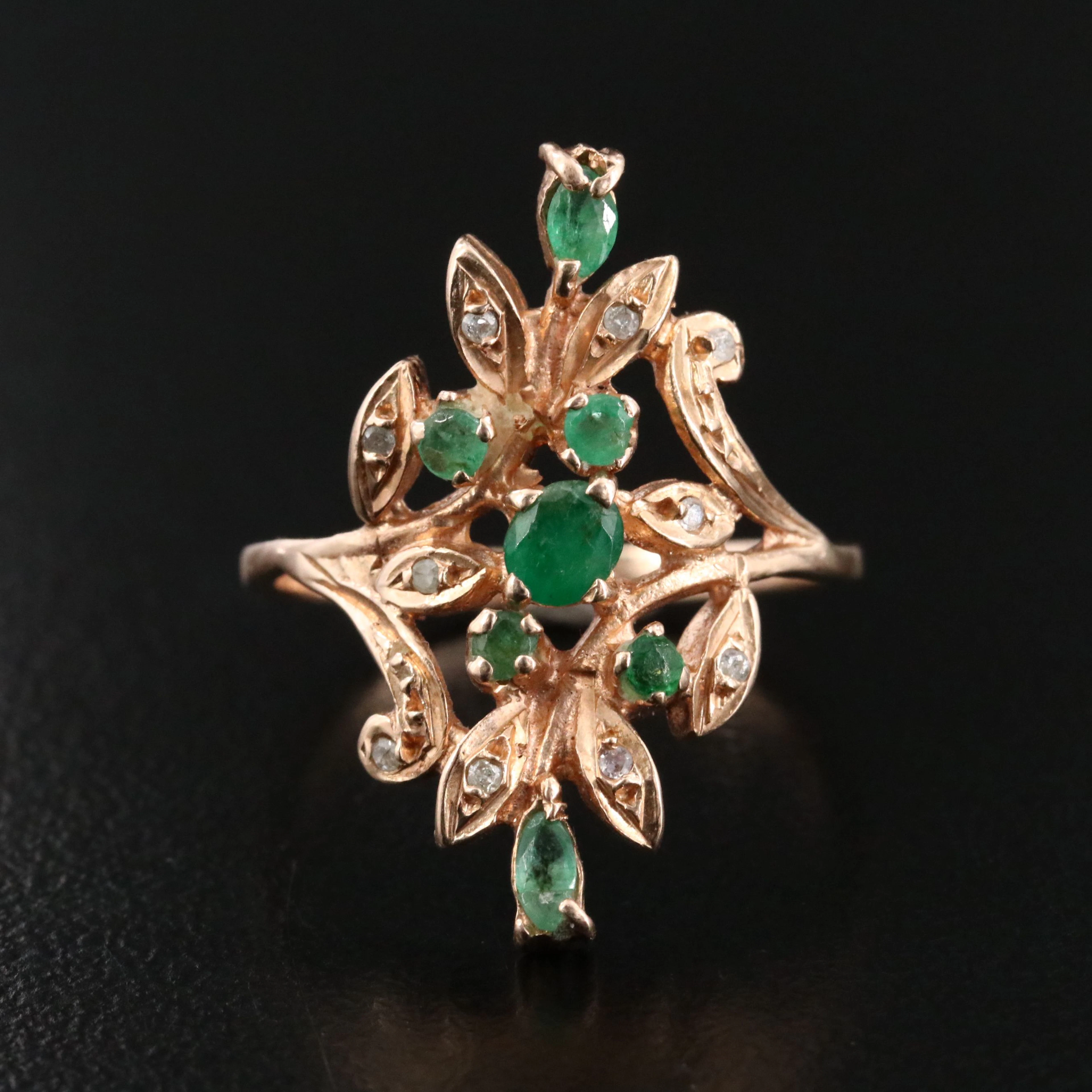 14K Emerald and Diamond Rose Gold Ring