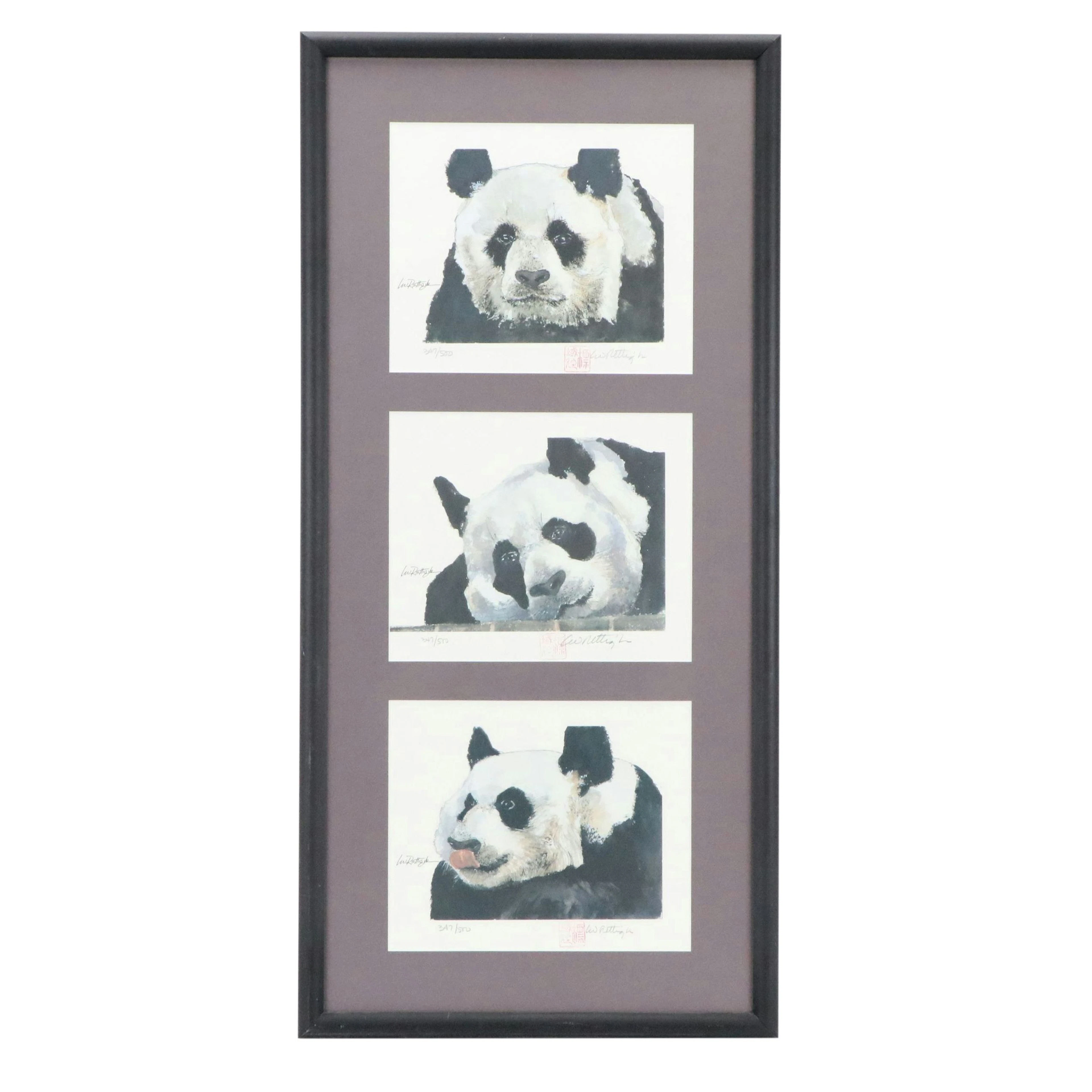 L. W. Rettig Jr. Offset Lithograph Triptych of Giant Pandas, Late 20th Century