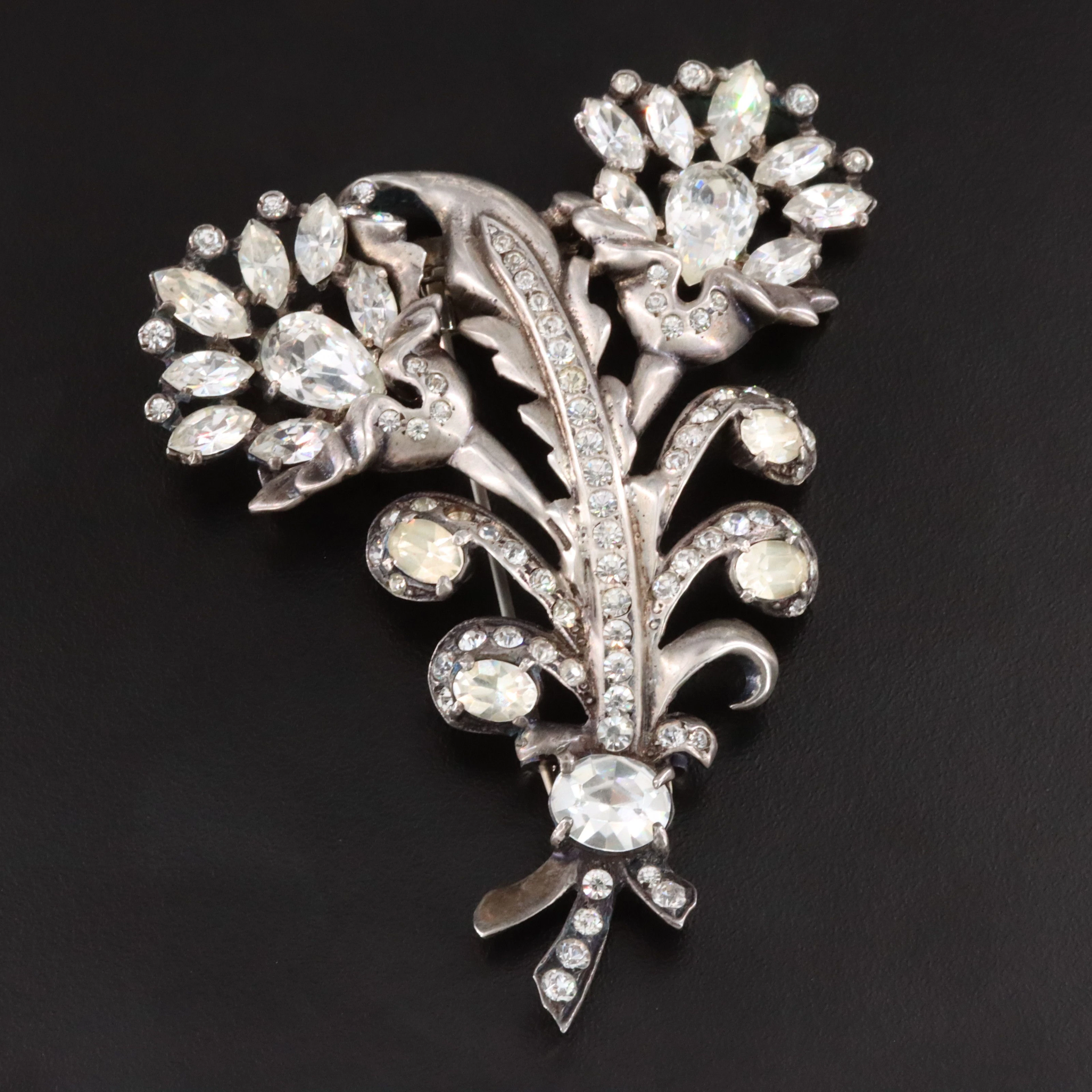 1940s Eisenberg Sterling Crystal Floral Double Clip Brooch