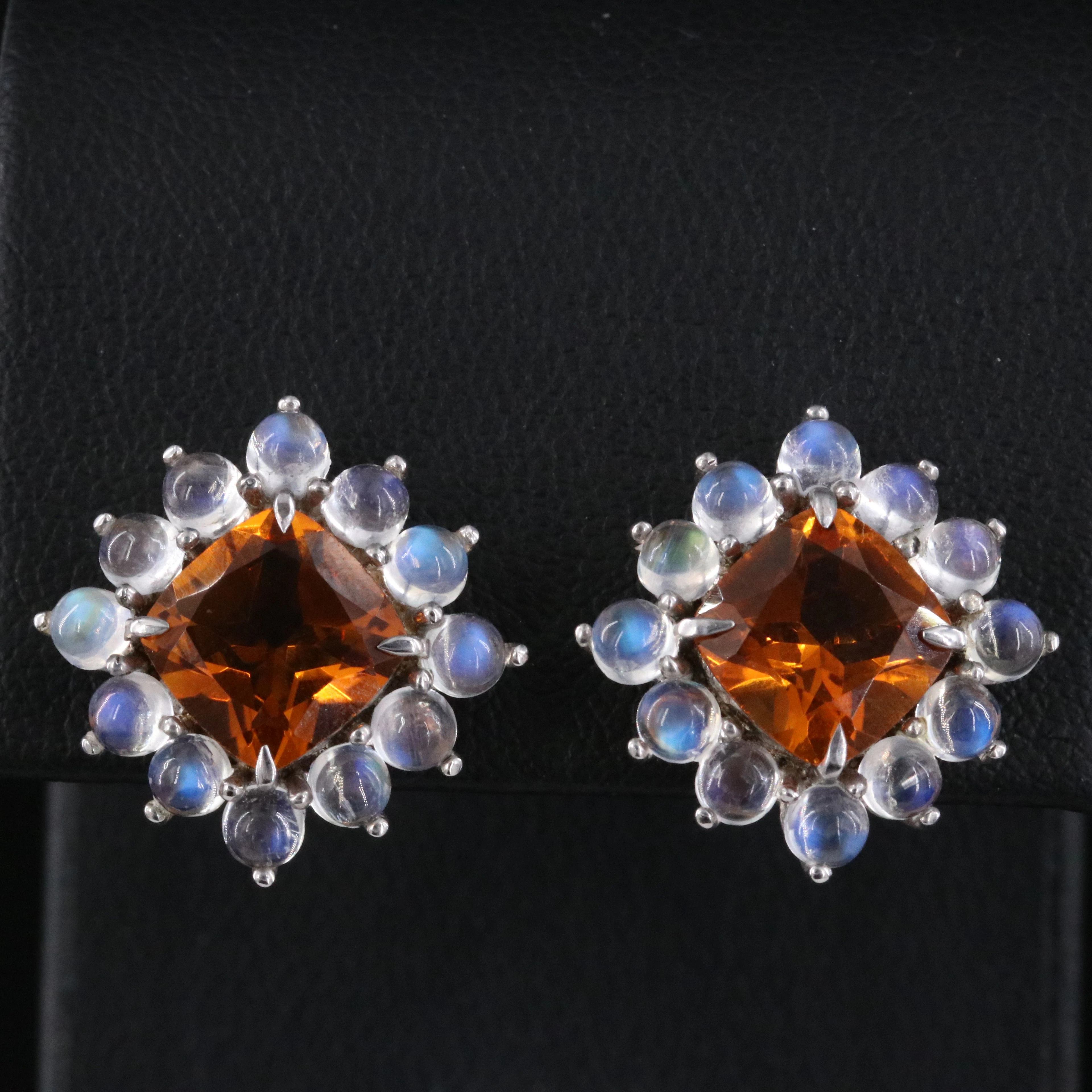 Sterling Citrine and Moonstone Halo Earrings