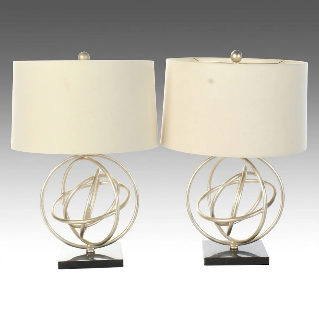 Pair of Champagne Gilt Metal Ring Table Lamps with Drum Shades, 2014
