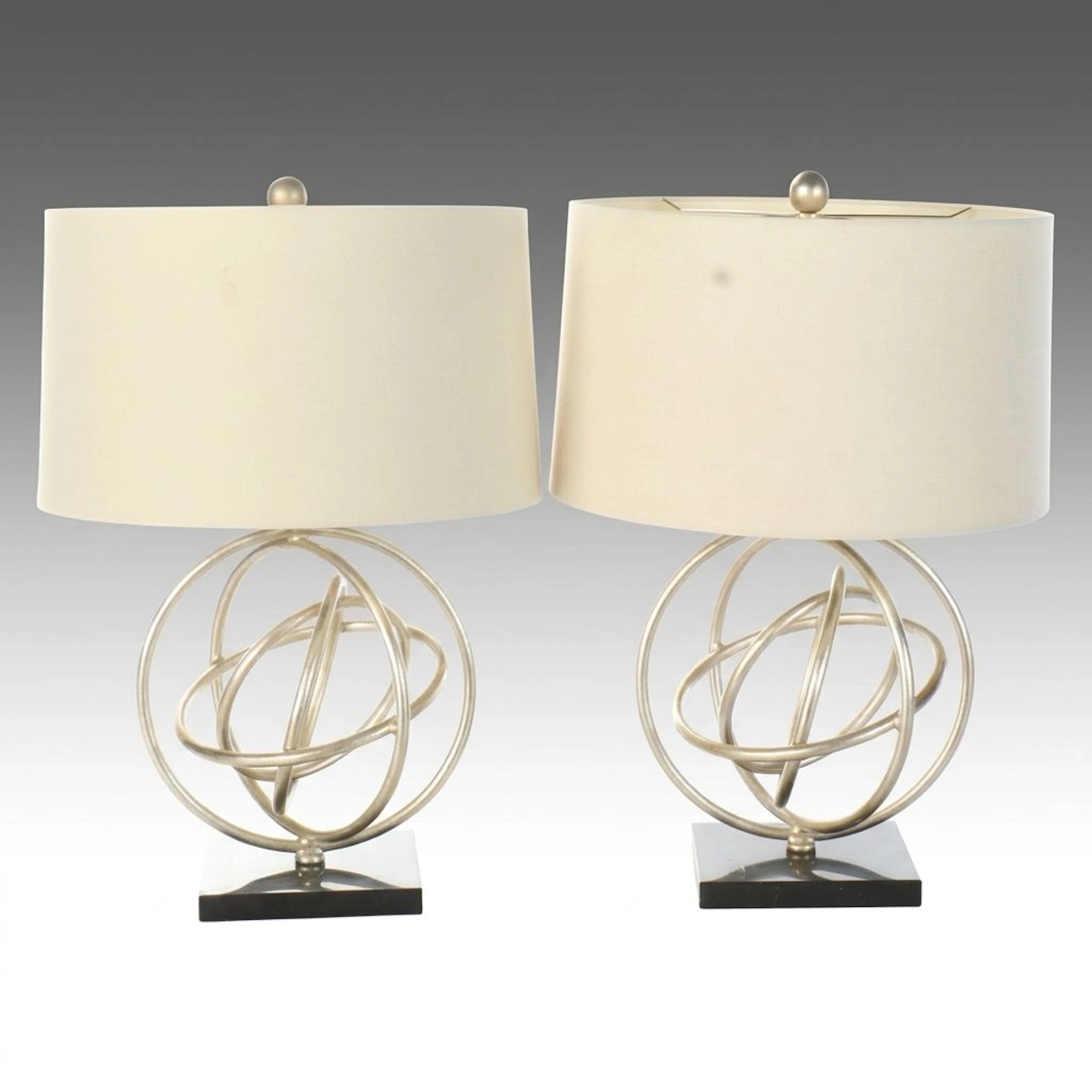 Pair of Champagne Gilt Metal Ring Table Lamps with Drum Shades, 2014