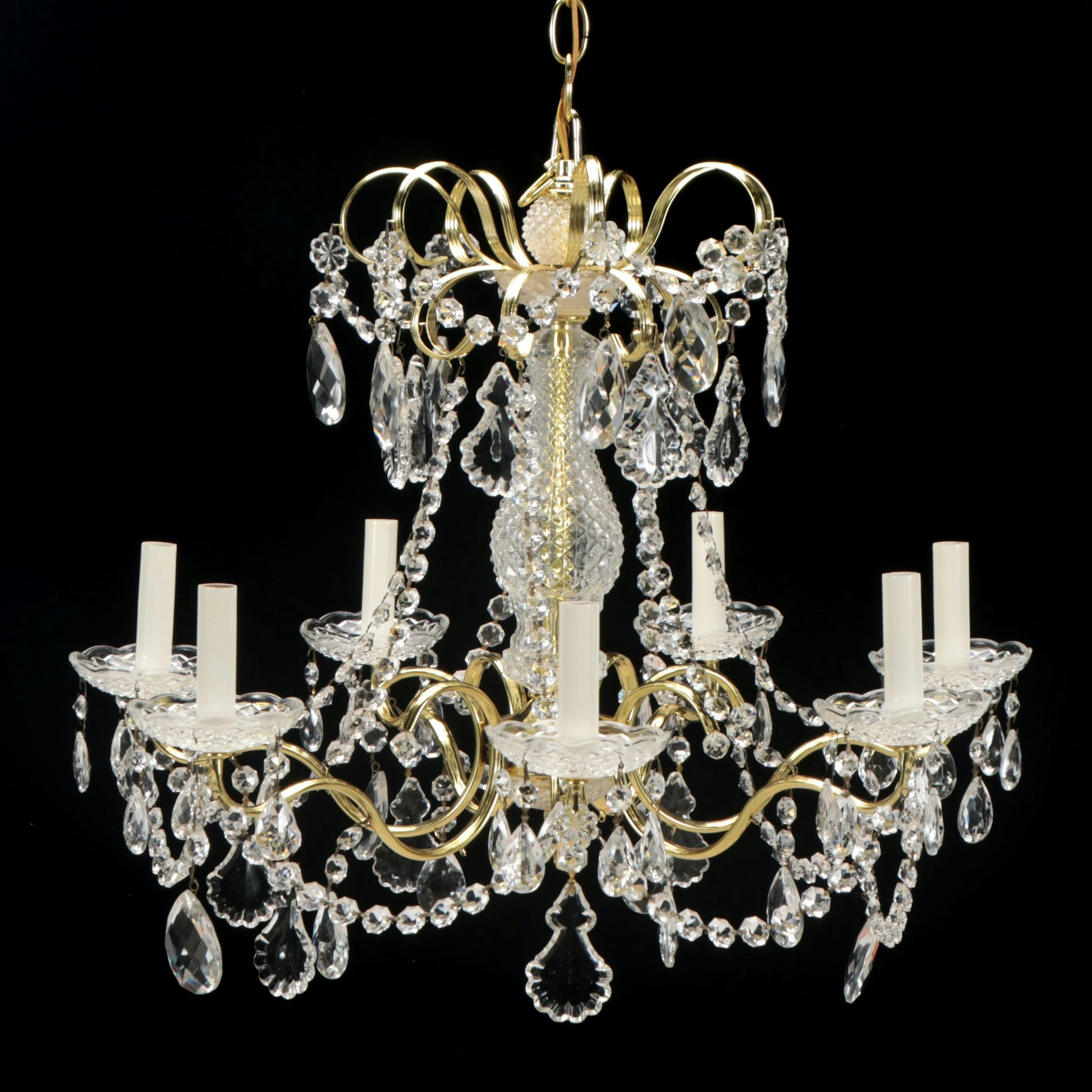 Neoclassical Style Brass and Crystal Seven-Arm Chandelier