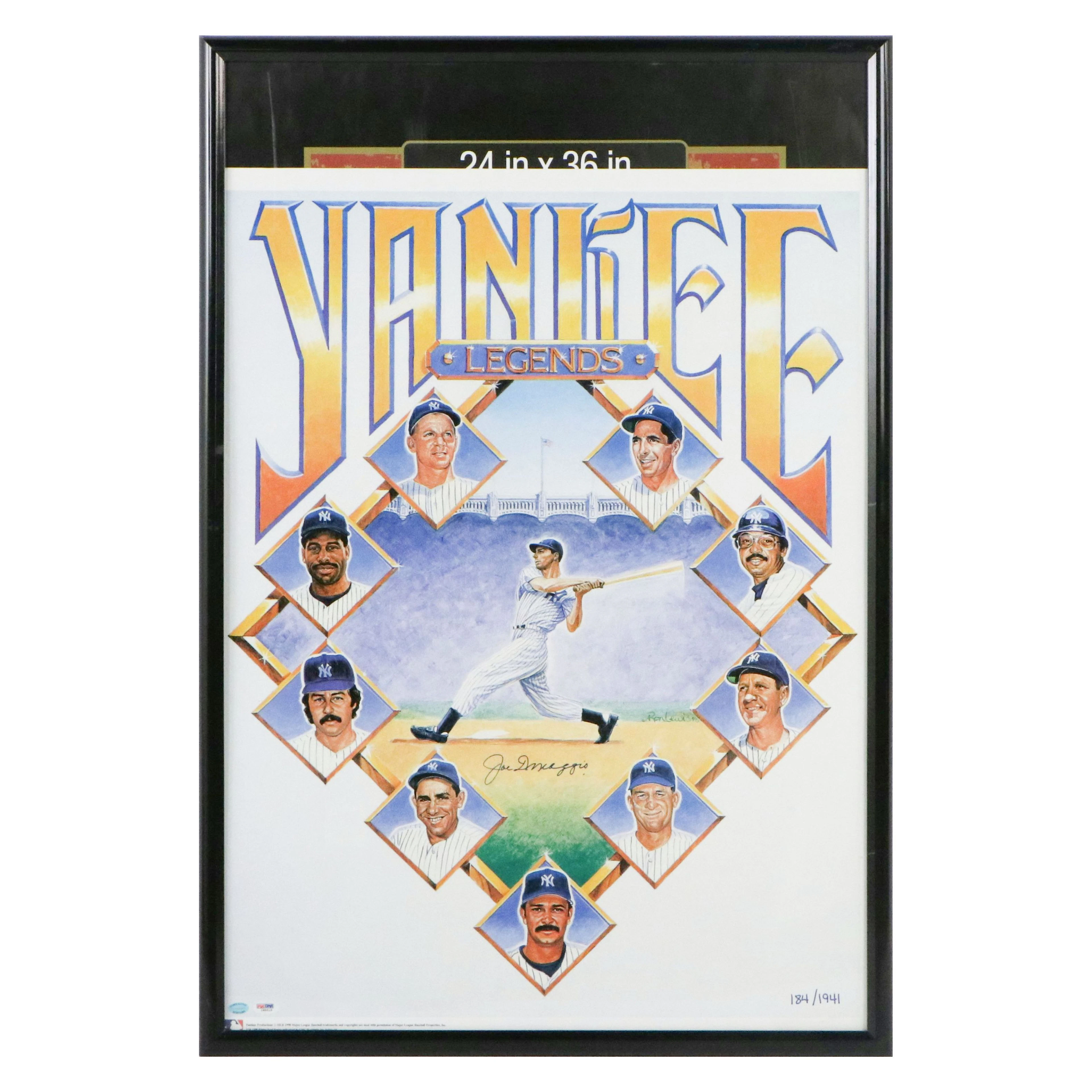 Joe DiMaggio Signed Yankee Legends Baseball Poster, PSA