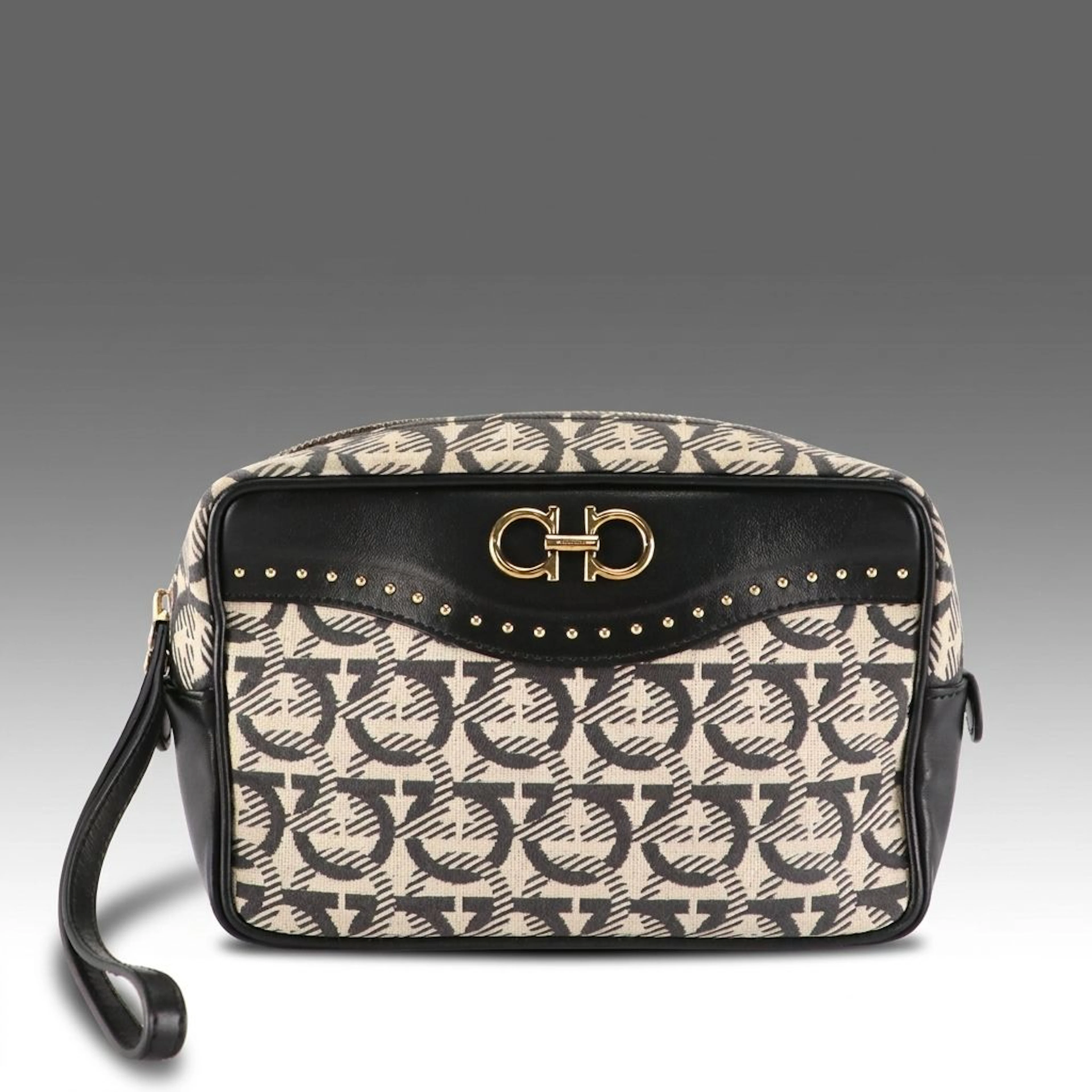 Salvatore Ferragamo Gancini Jacquard Canvas and Studded Black Leather Zip Pouch