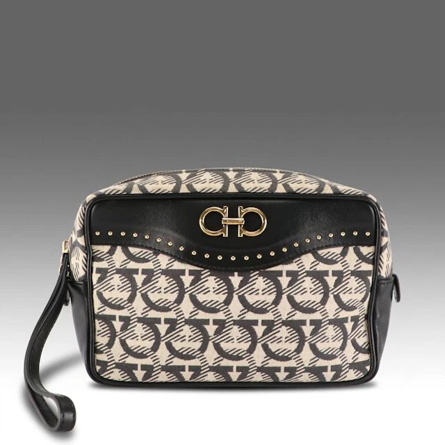 Salvatore Ferragamo Gancini Jacquard Canvas and Studded Black Leather Zip Pouch
