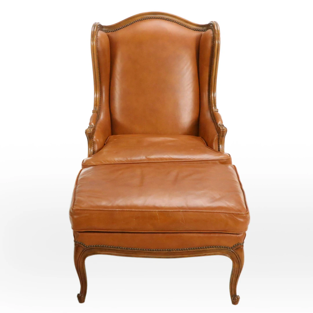 Baker Furniture Brown Leather Wingback Armchair with Ottoman