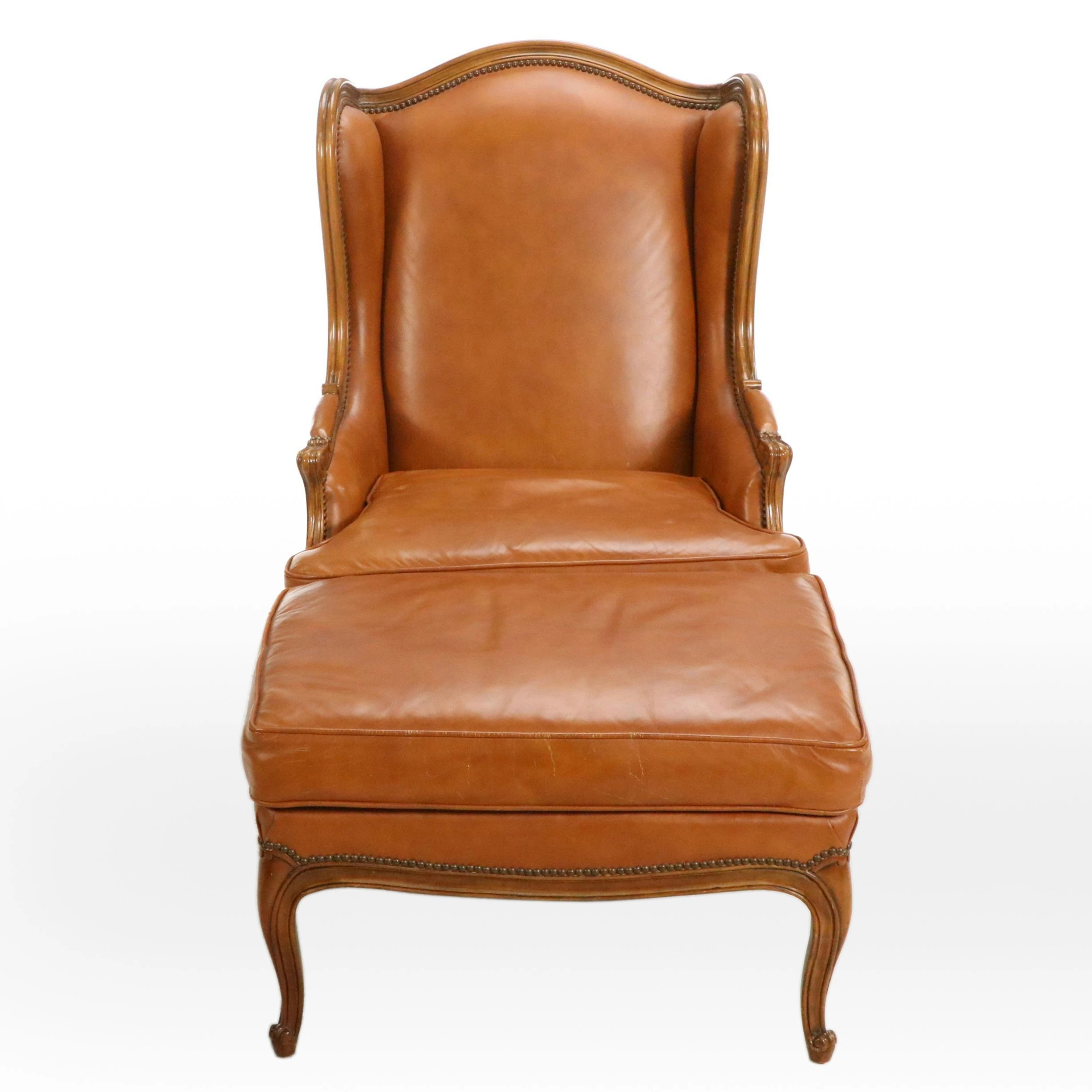 Baker Furniture Brown Leather Wingback Armchair with Ottoman
