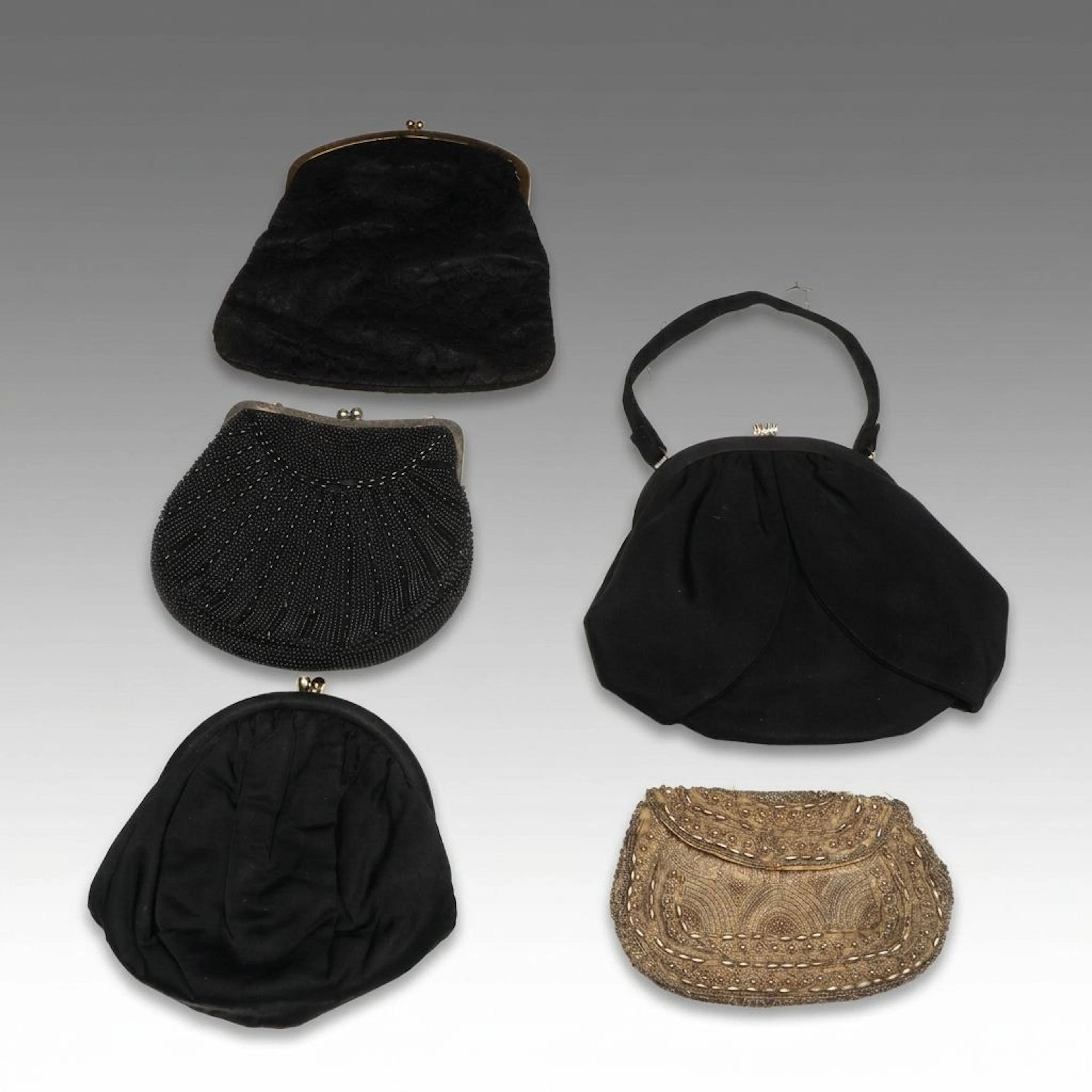 L&M Spotlite Petal Evening Bag in Black Silk Twill with Other Vintage Purses