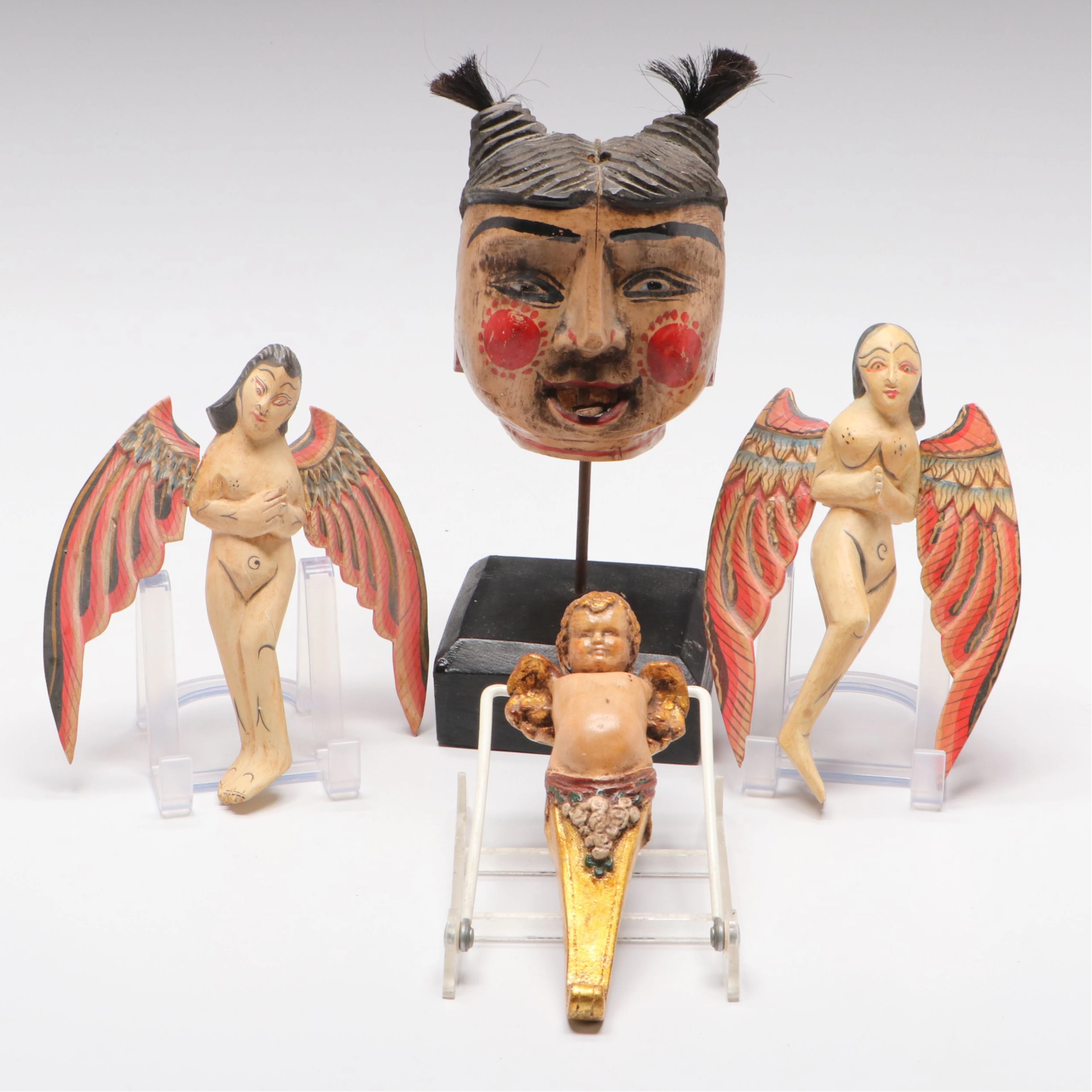 Baroque Style Angel Corbel with Balinese Spirit Chasers, Burmese Puppet Head