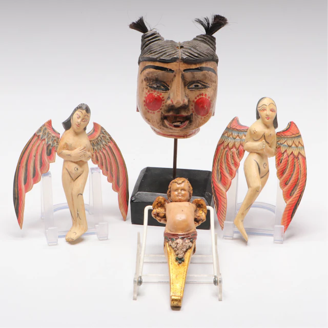 Baroque Style Angel Corbel with Balinese Spirit Chasers, Burmese Puppet Head