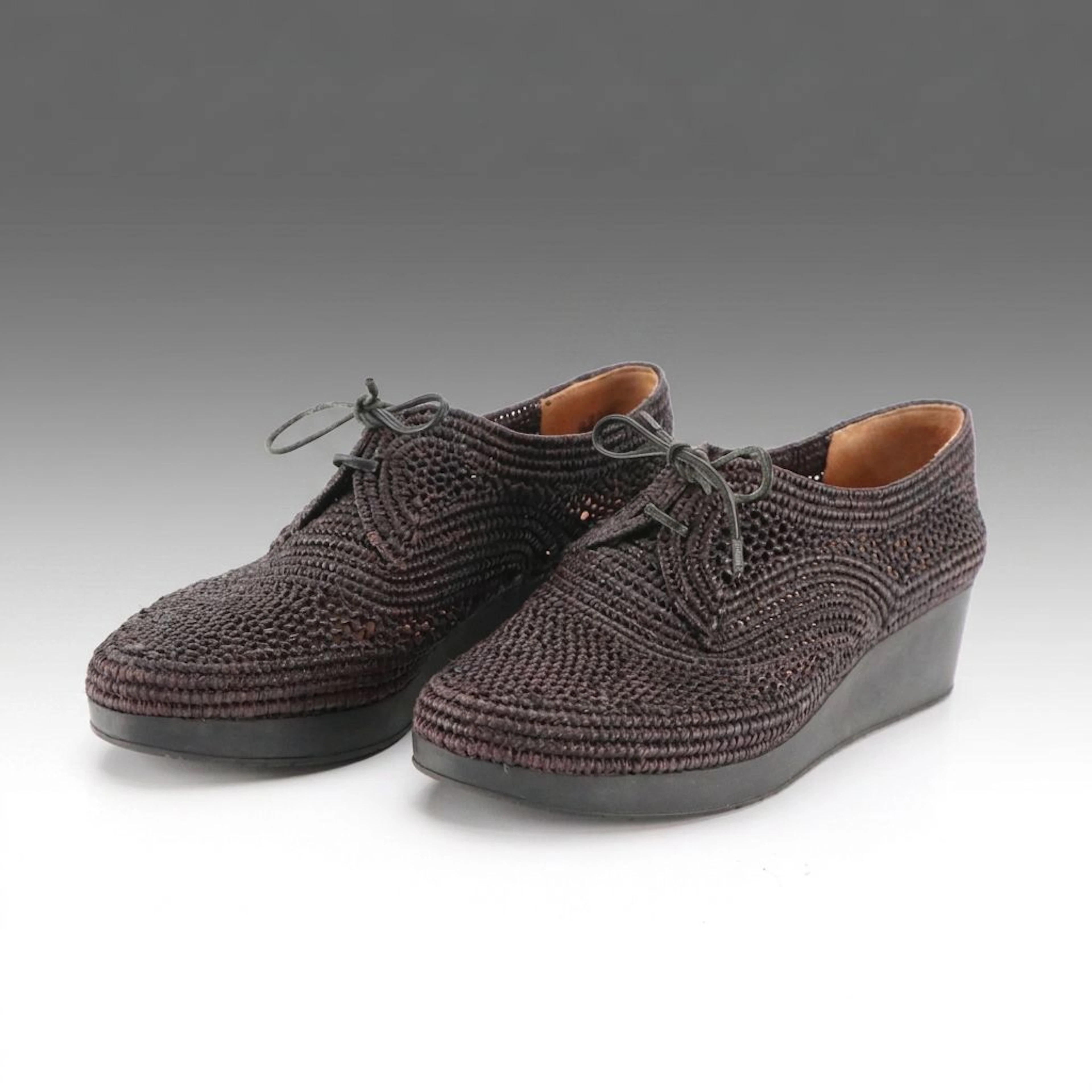Robert Clergerie Woven Raffia Platform Wedge Lace-Ups Oxford Shoes