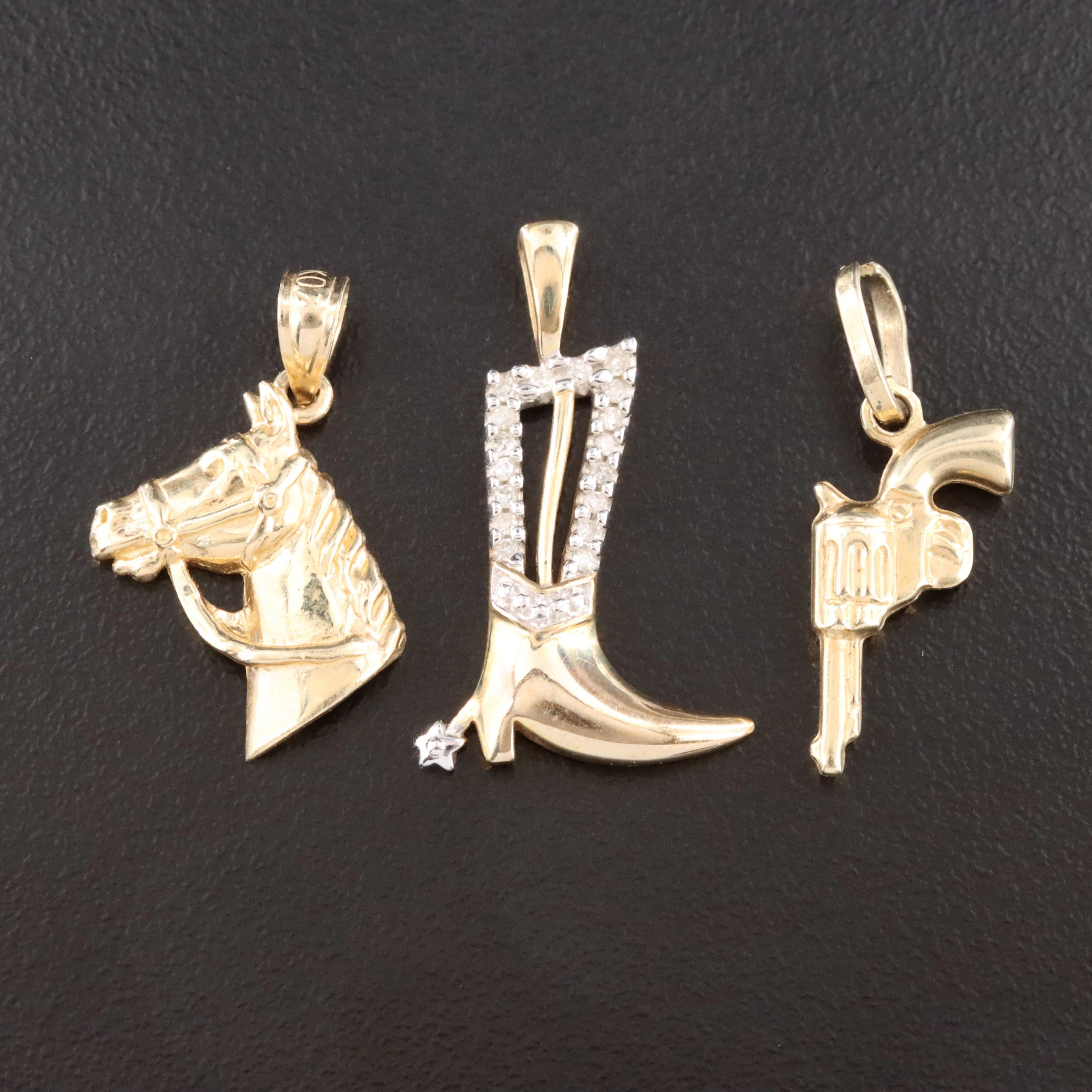 10K and 14K Horse, Revolver, and Cowboy Boot with Diamonds Charm