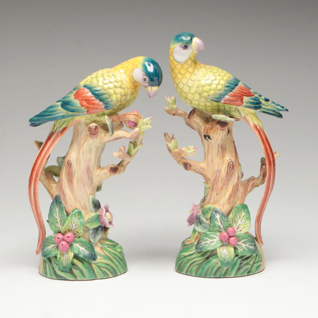 Hand-Painted Porcelain Parrot Figurines, Vintage