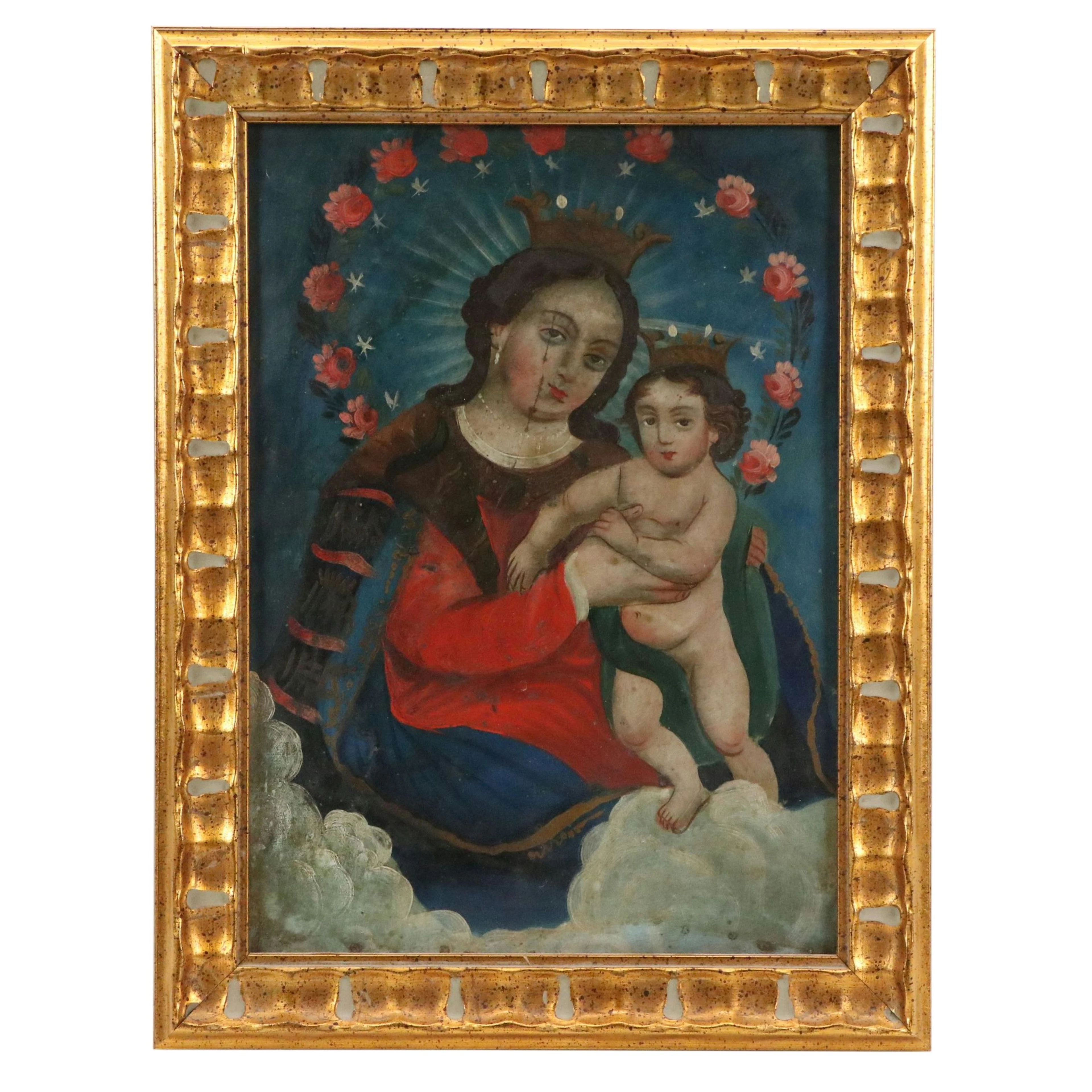 Mexican Retablo Devotional Painting on Metal "Nuestra Señora de Refugio"