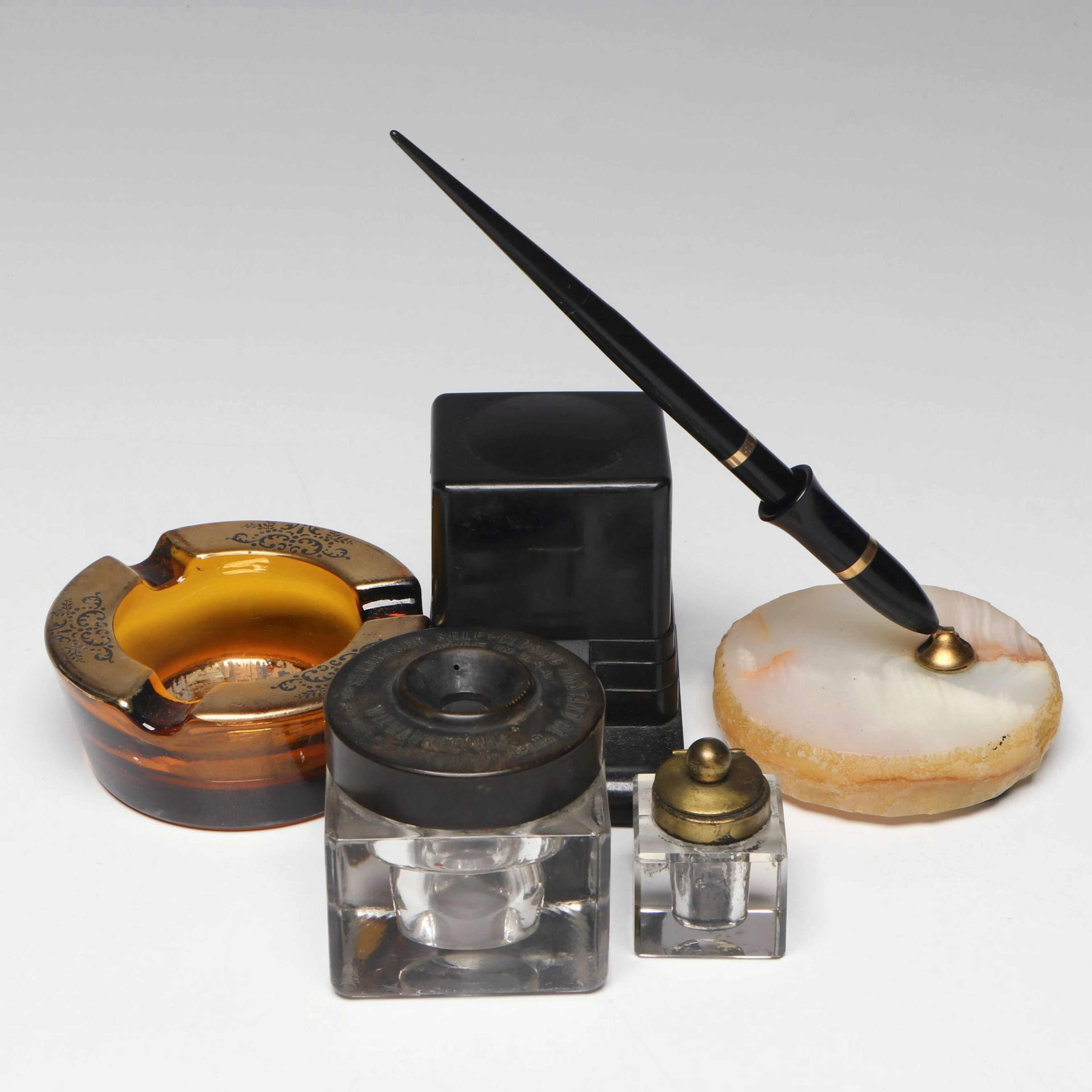 Sheaffer Fountain Pen and Stand with Inkwells and Souvenir Ashtray