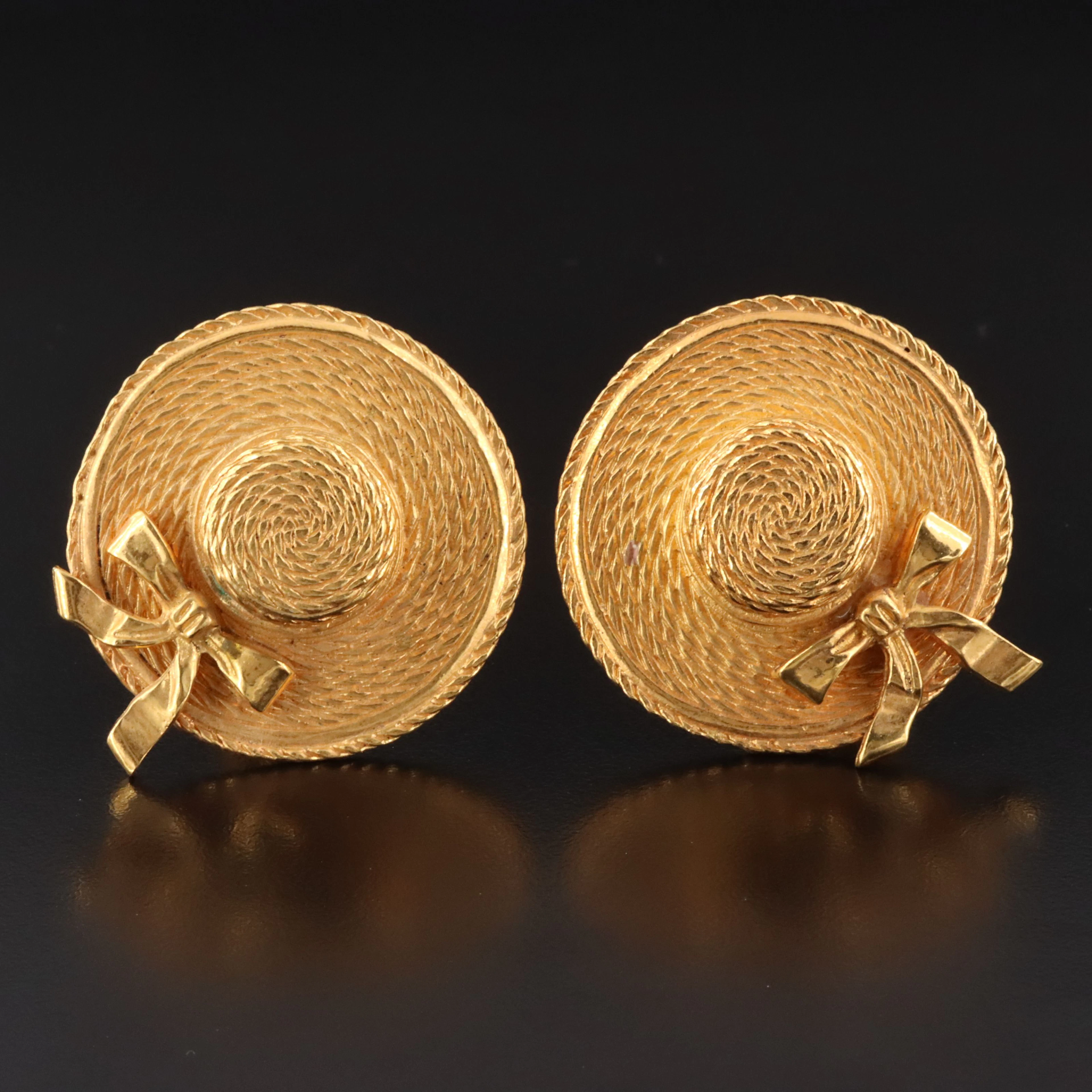 Chanel Straw Hat Clip Earrings Vintage