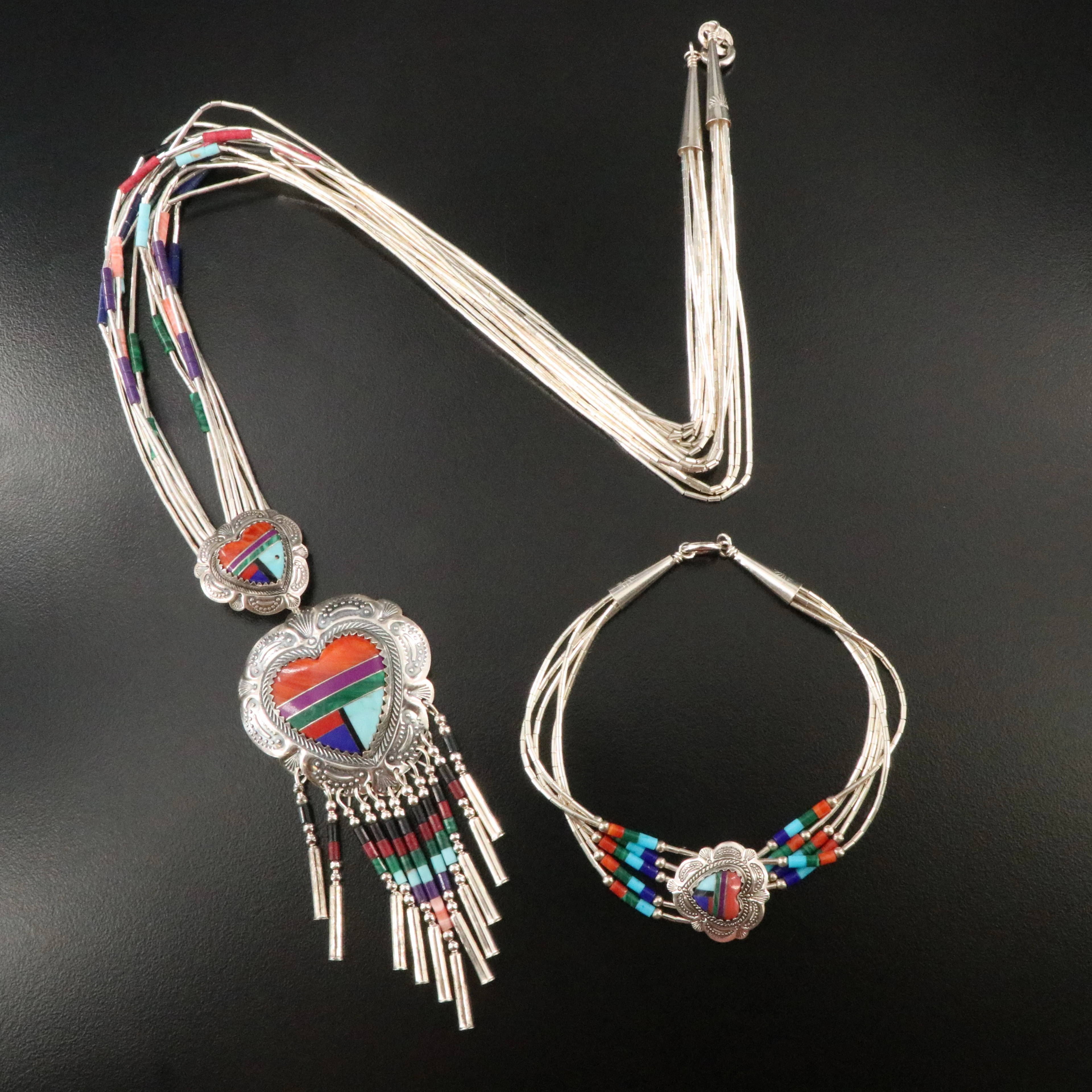 Quoc Turquoise Inc. Sterling Inlay Necklace and Bracelet Set