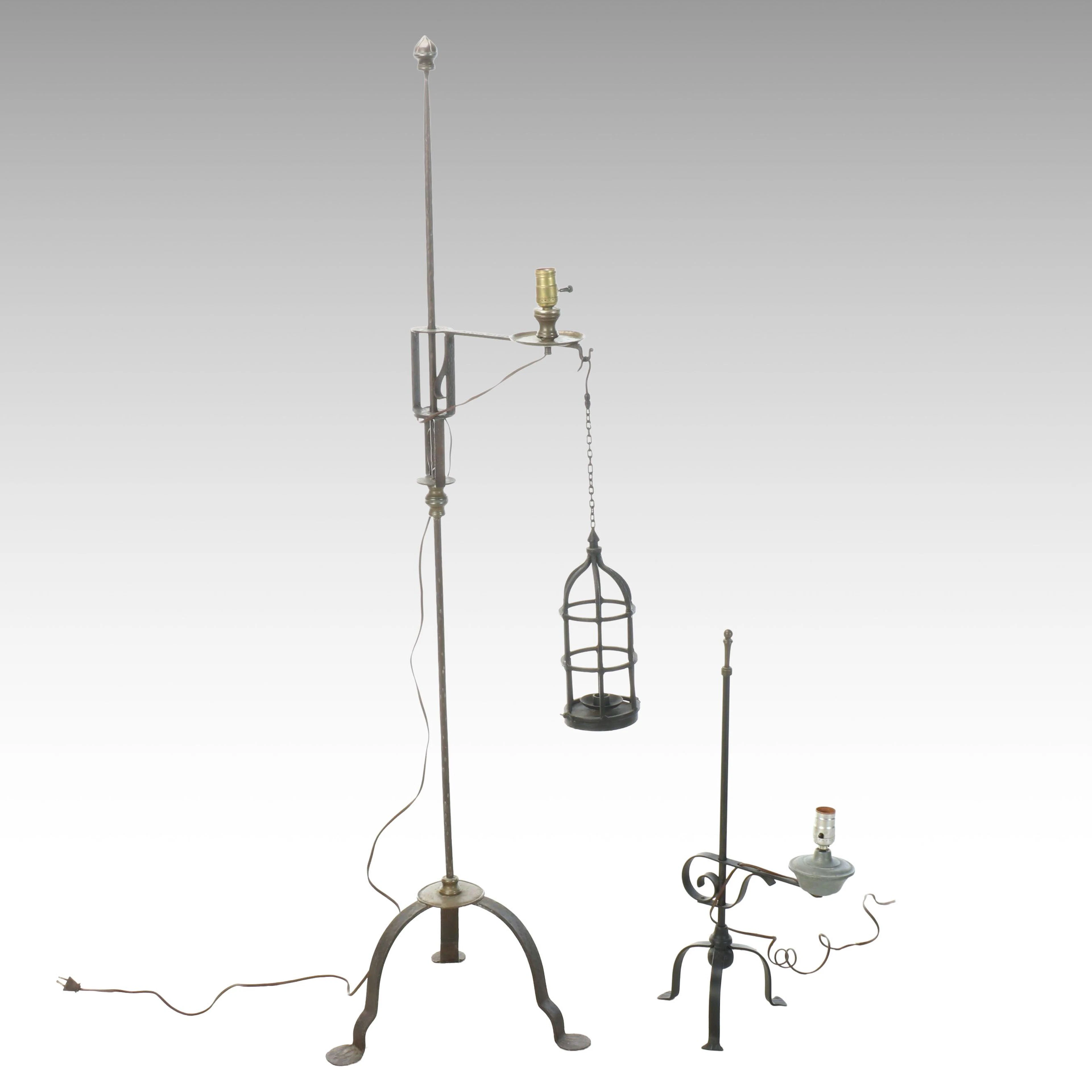 Colonial Revival Style Floor Lamps, Adapted, One with Candle Lantern