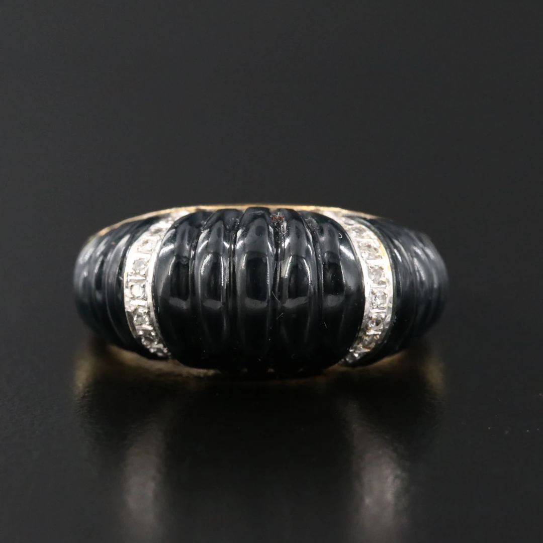 14K Black Onyx and Diamond Fluted Dome Ring