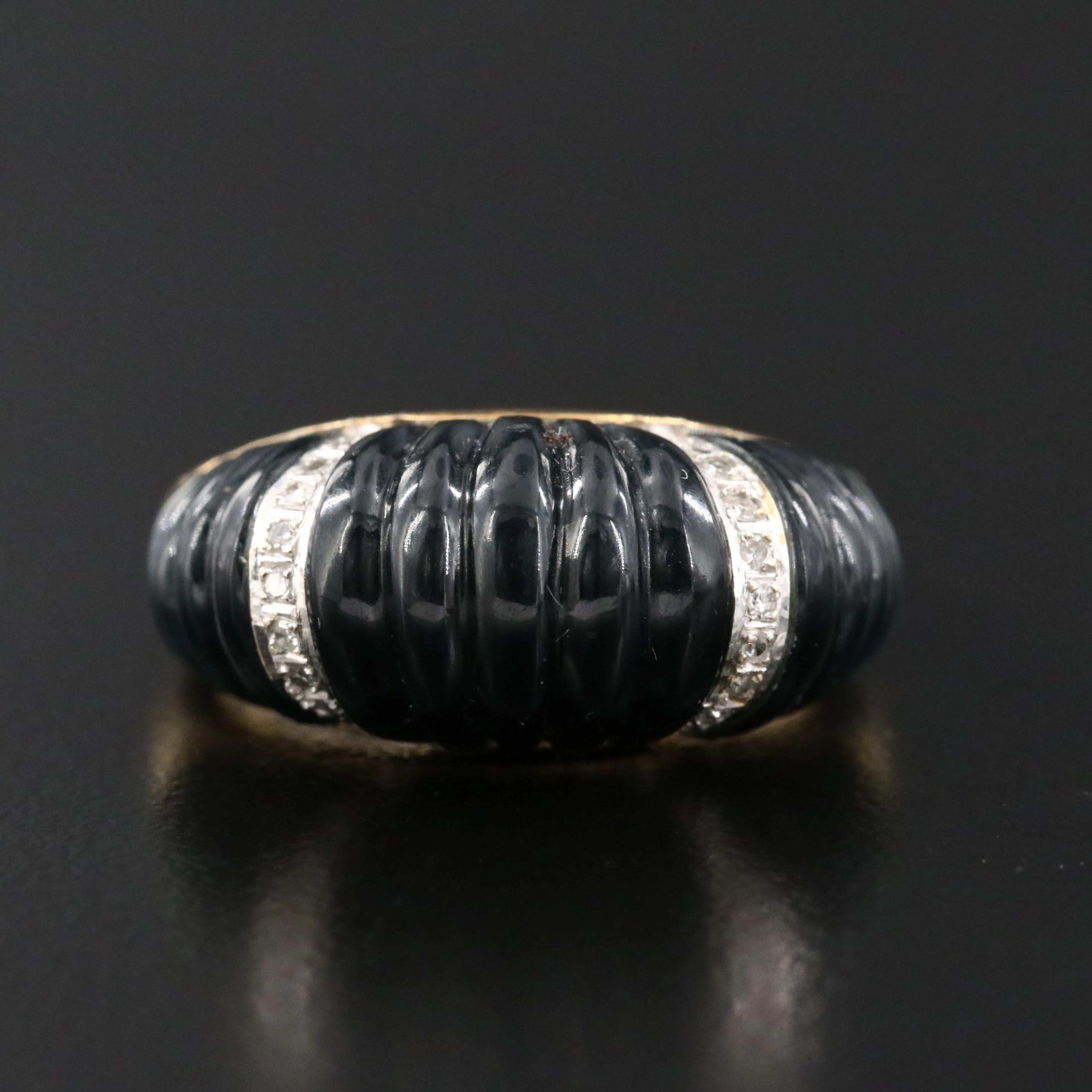 14K Black Onyx and Diamond Fluted Dome Ring