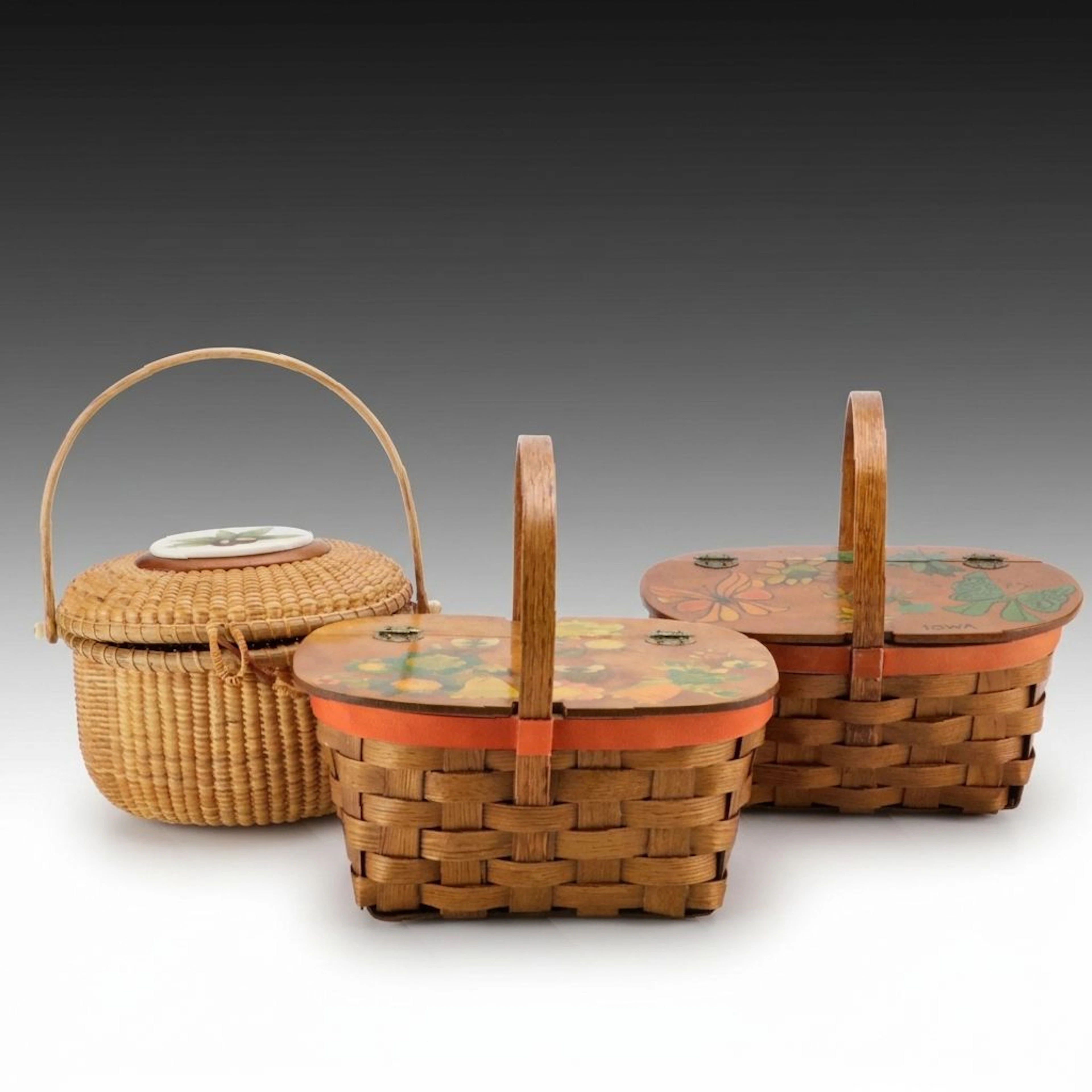 Nantucket Basket Bag and Hand Painted Picnic Baskets, Mid to Late 20th C