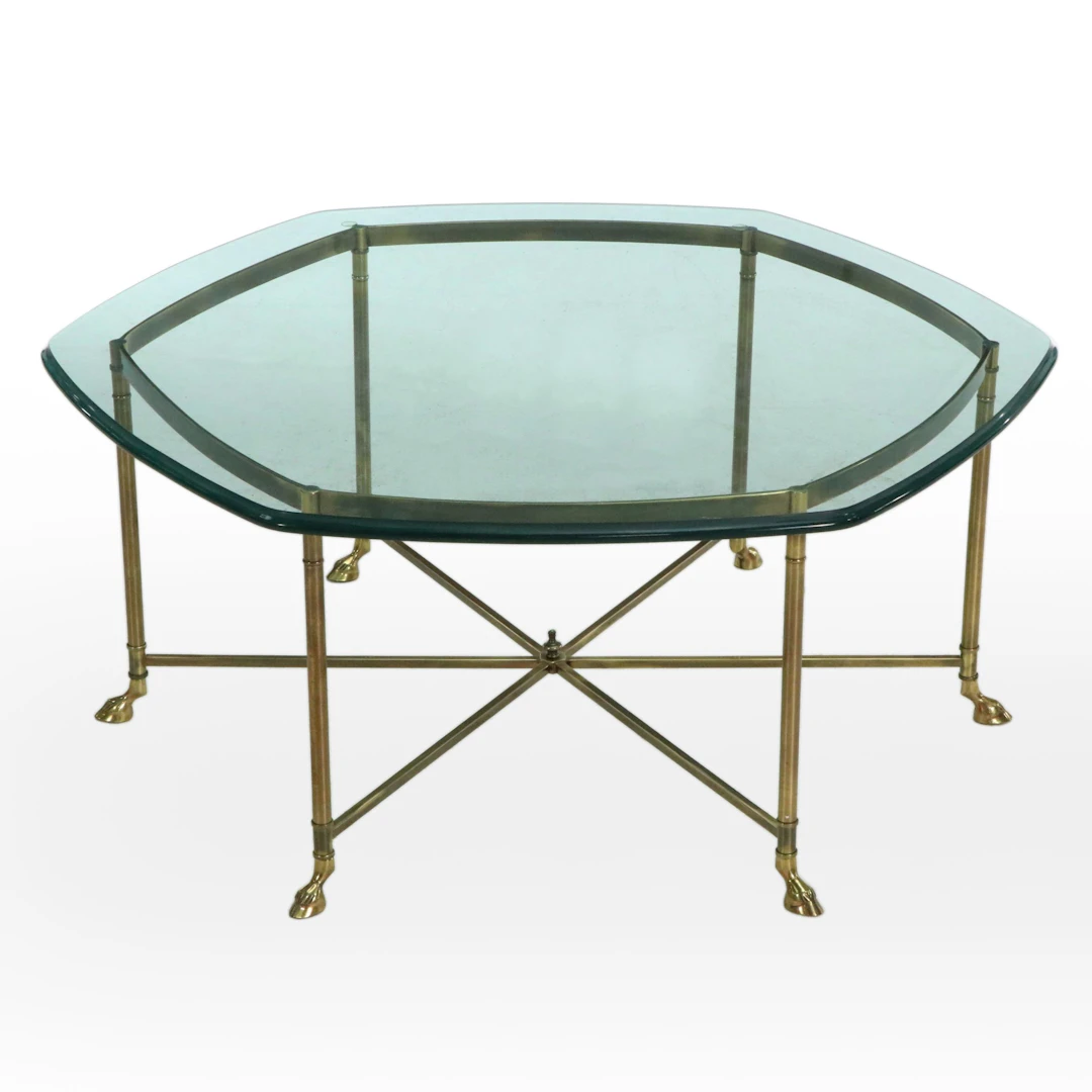 Hollywood Regency Style Glass Top Brass Hoof-Footed Coffee Table