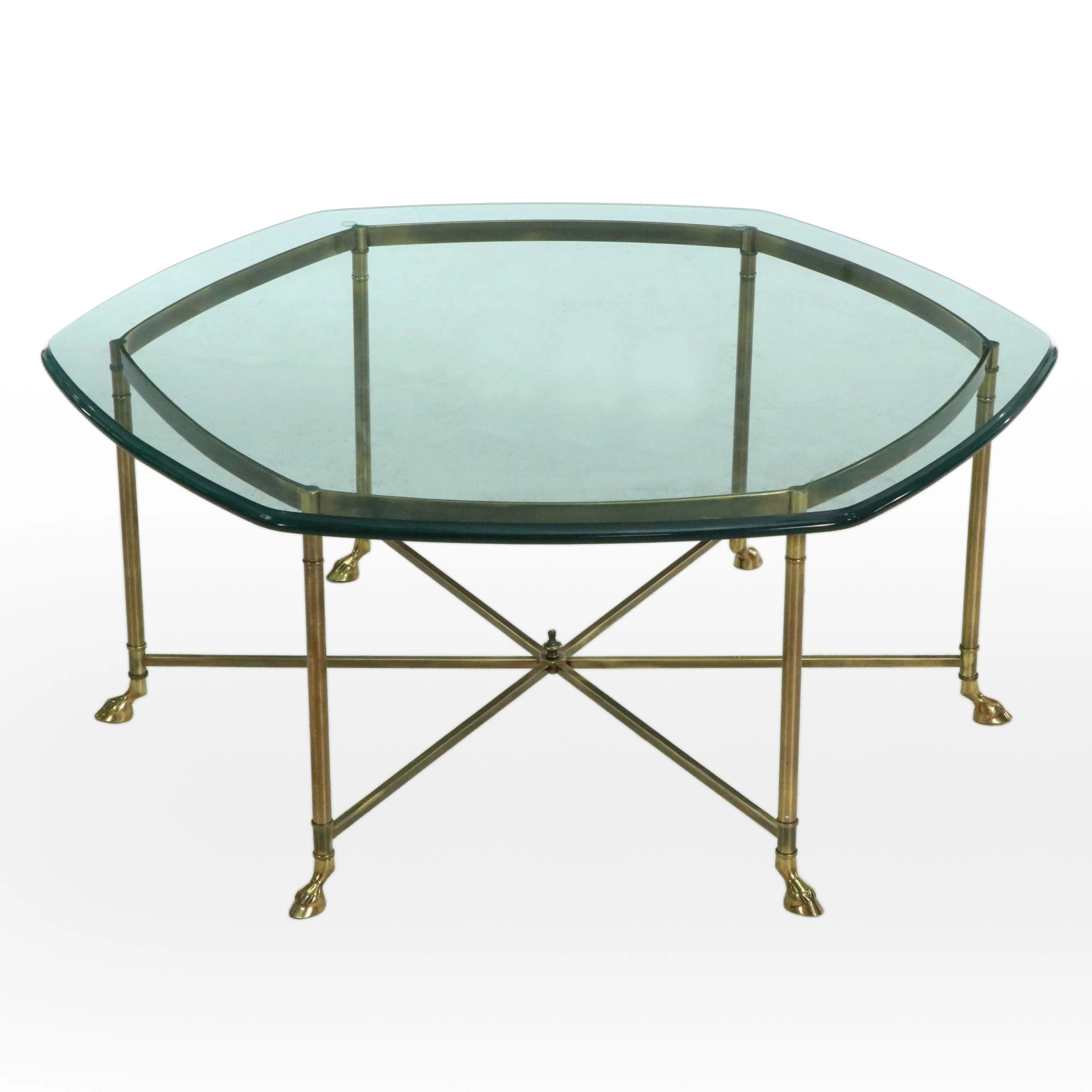 Hollywood Regency Style Glass Top Brass Hoof-Footed Coffee Table