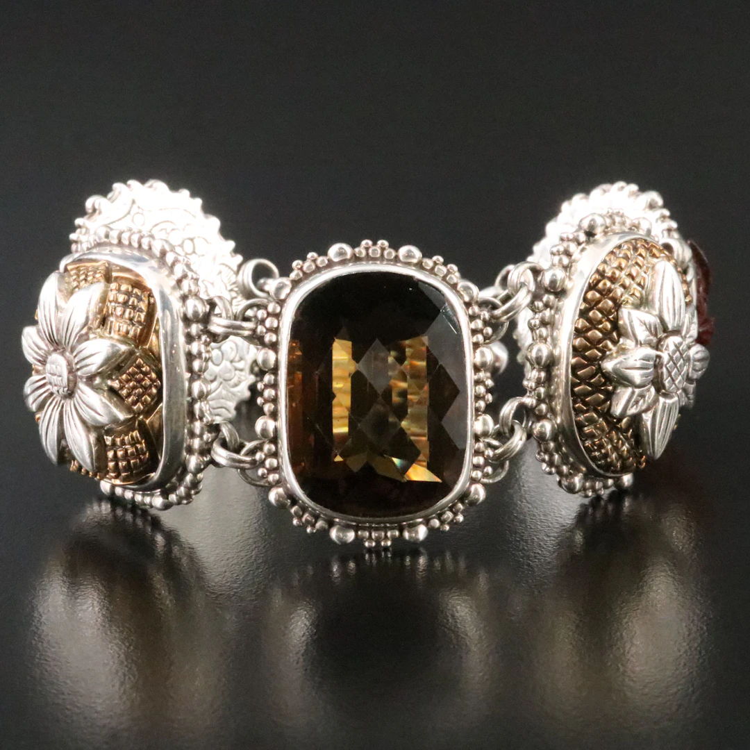 Stephen Dweck Sterling Toggle Bracelet Featuring Tiger's Eye and Smoky Quartz