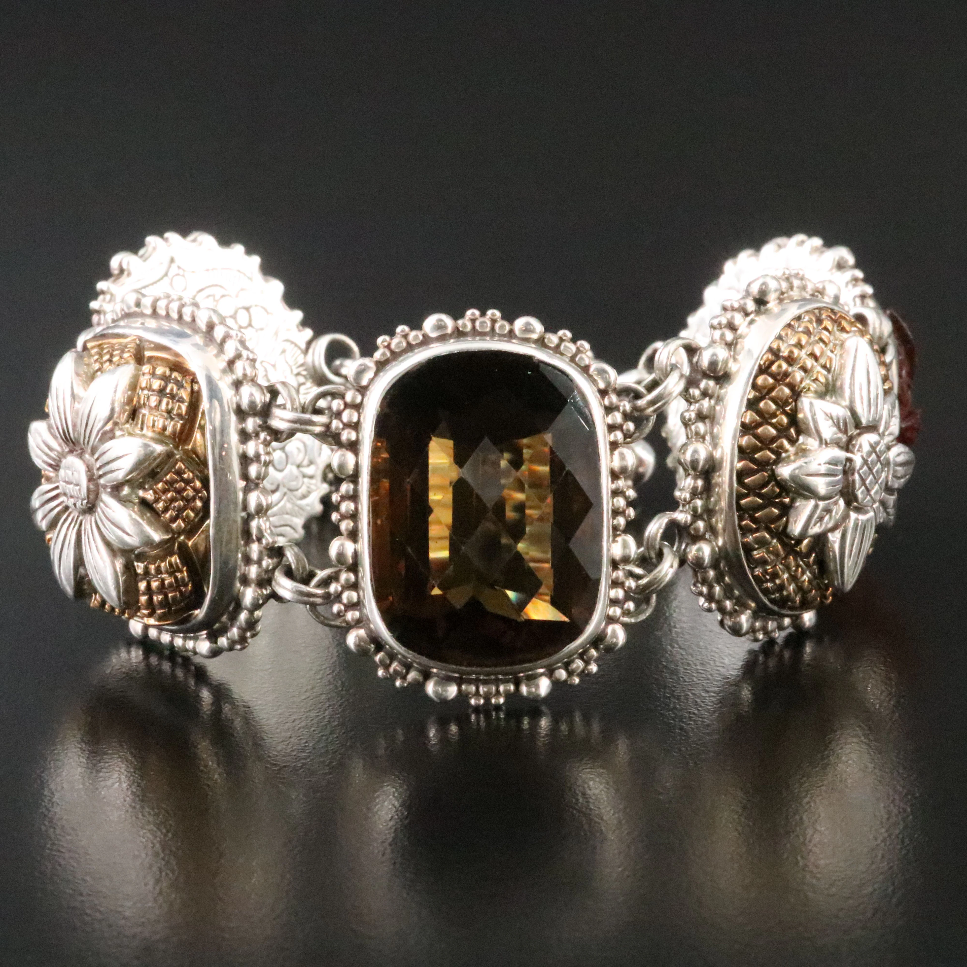 Stephen Dweck Sterling Toggle Bracelet Featuring Tiger's Eye and Smoky Quartz