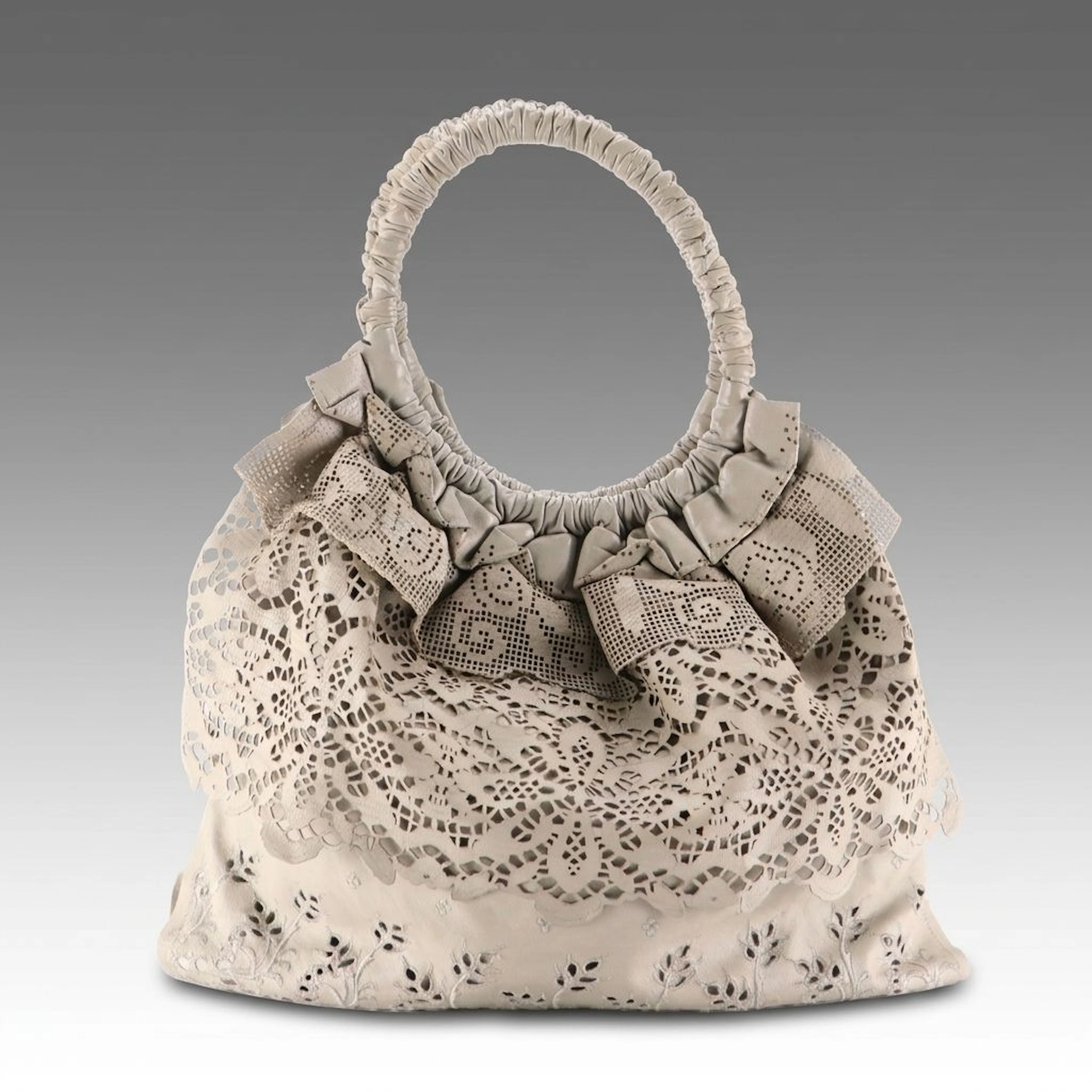 Valentino Laser-Cut Embroidered Leather Laceland Hobo Bag with Ruched Detail