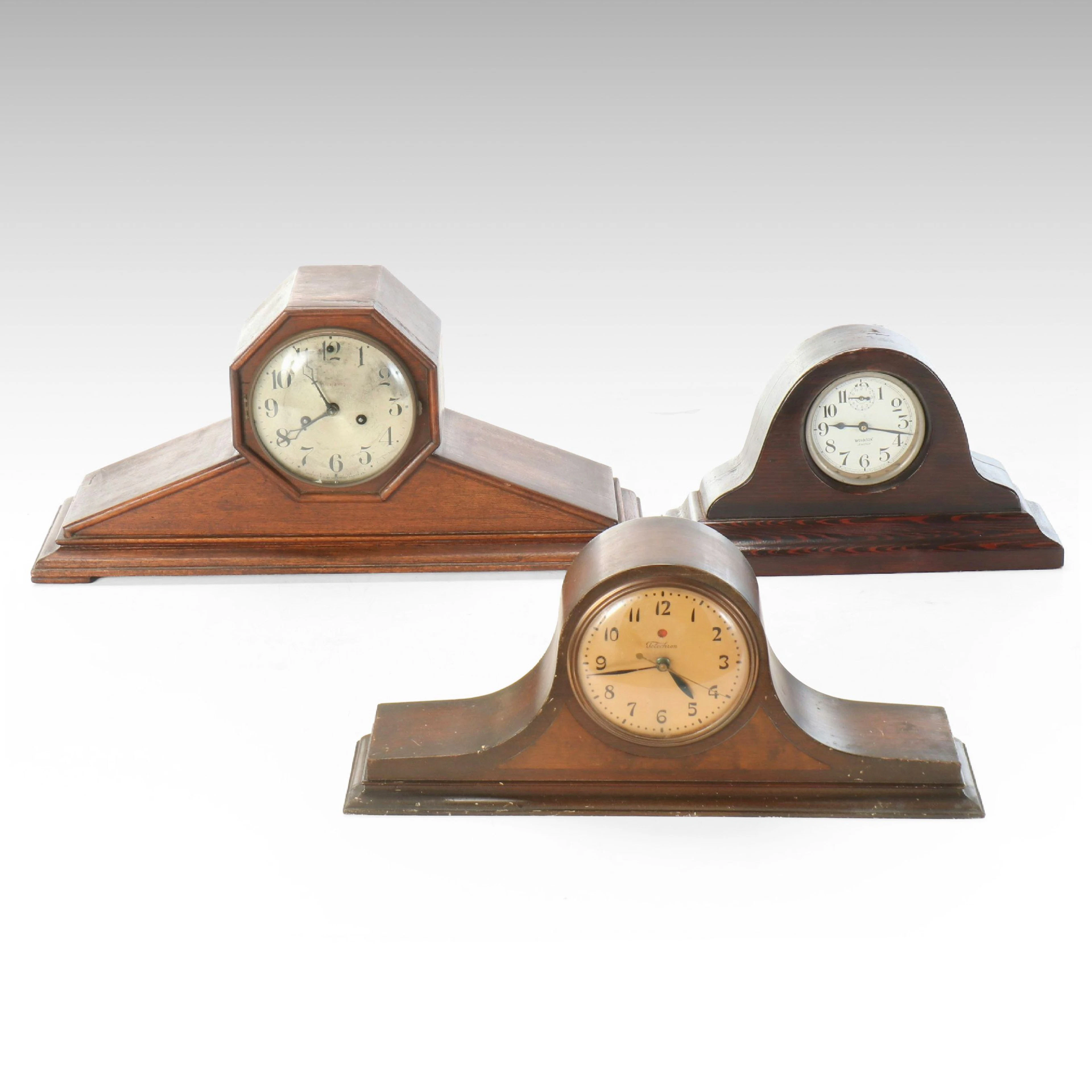 Waterbury, Westclox and Telechron Wooden Mantel Clocks, Early to Mid-20th C.