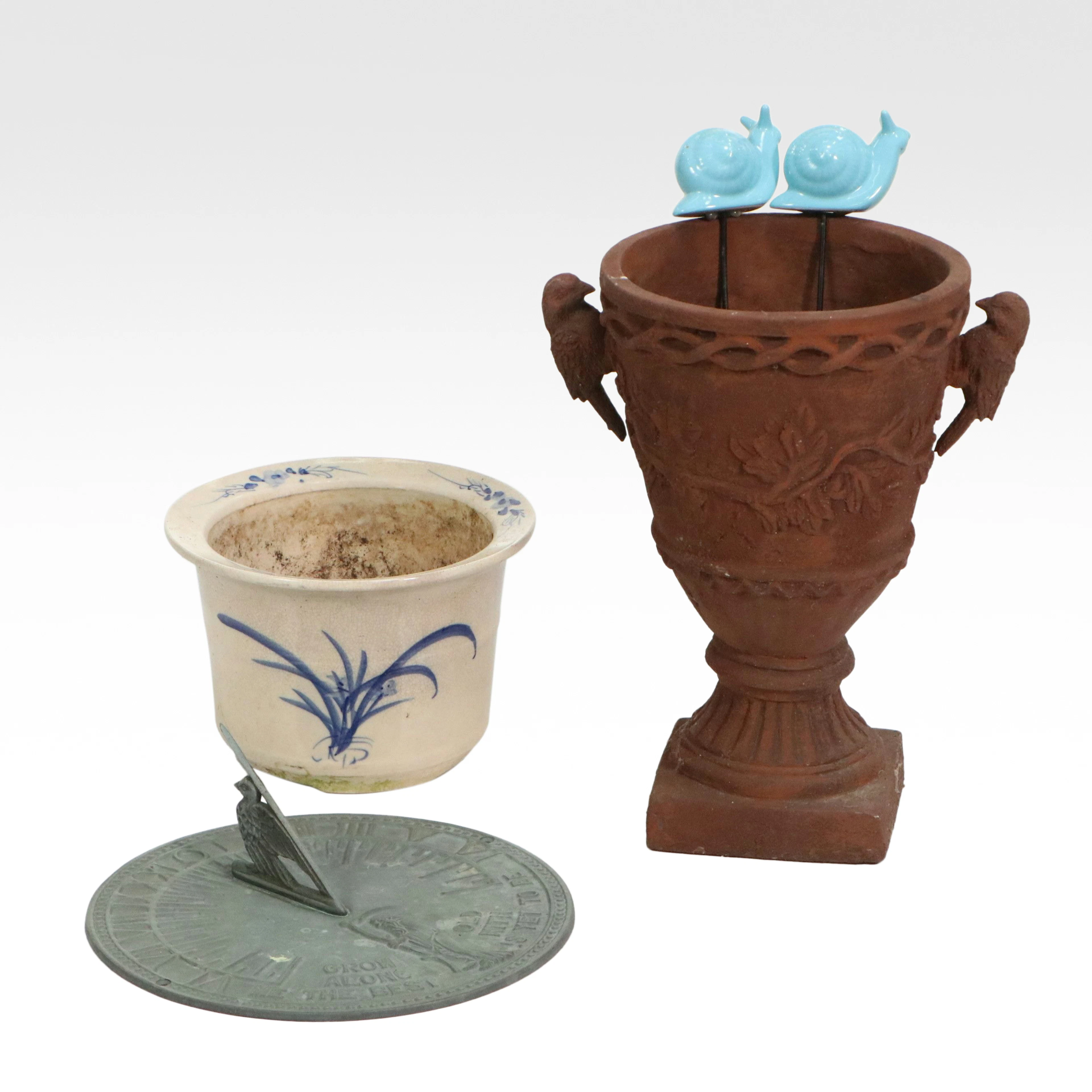 Terracotta Urn, Ceramic Planter, Sundial, and Snail Garden Stakes