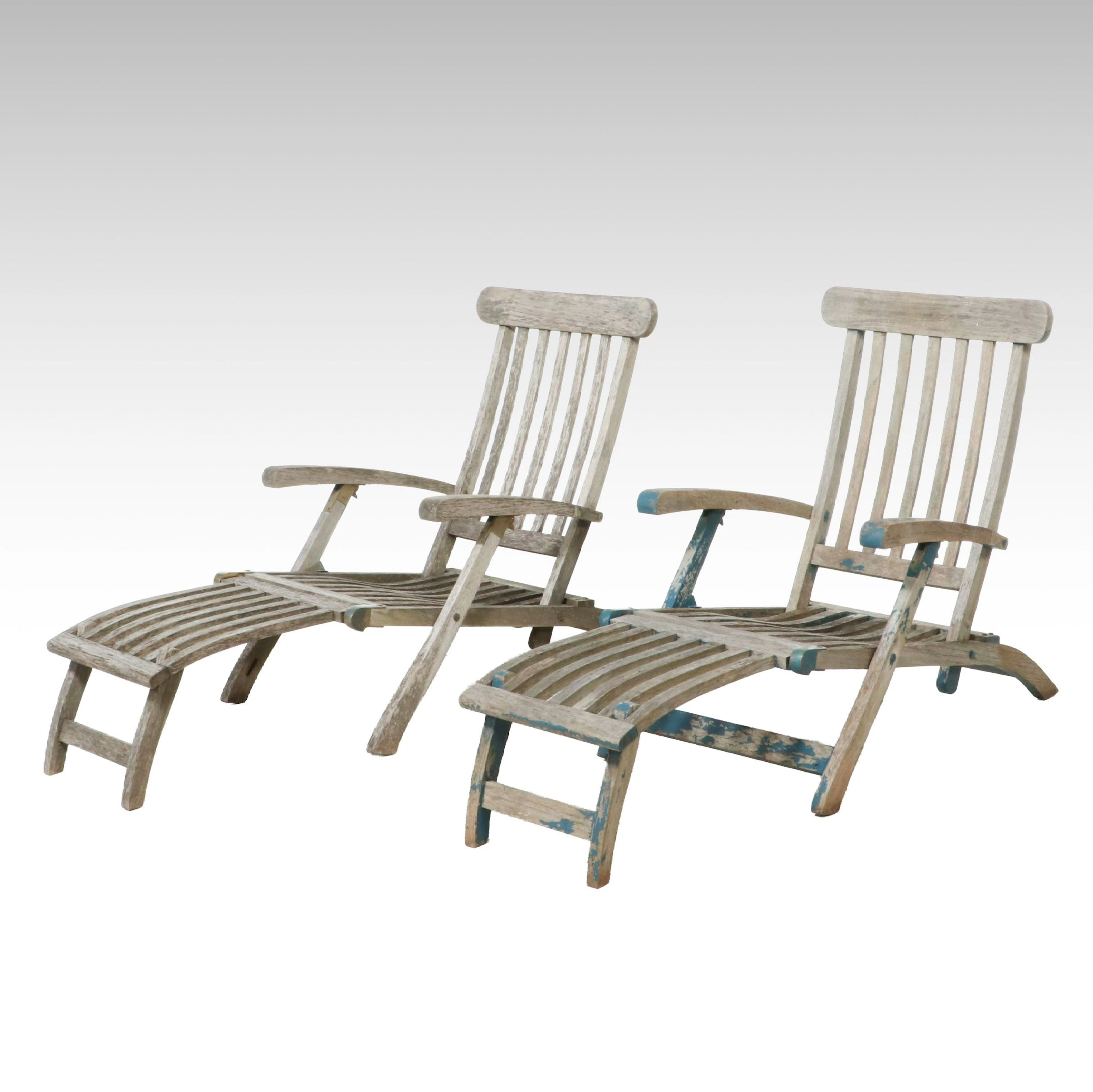 Pair of Wooden Slatted Steamer Lounge Chairs, 20th Century