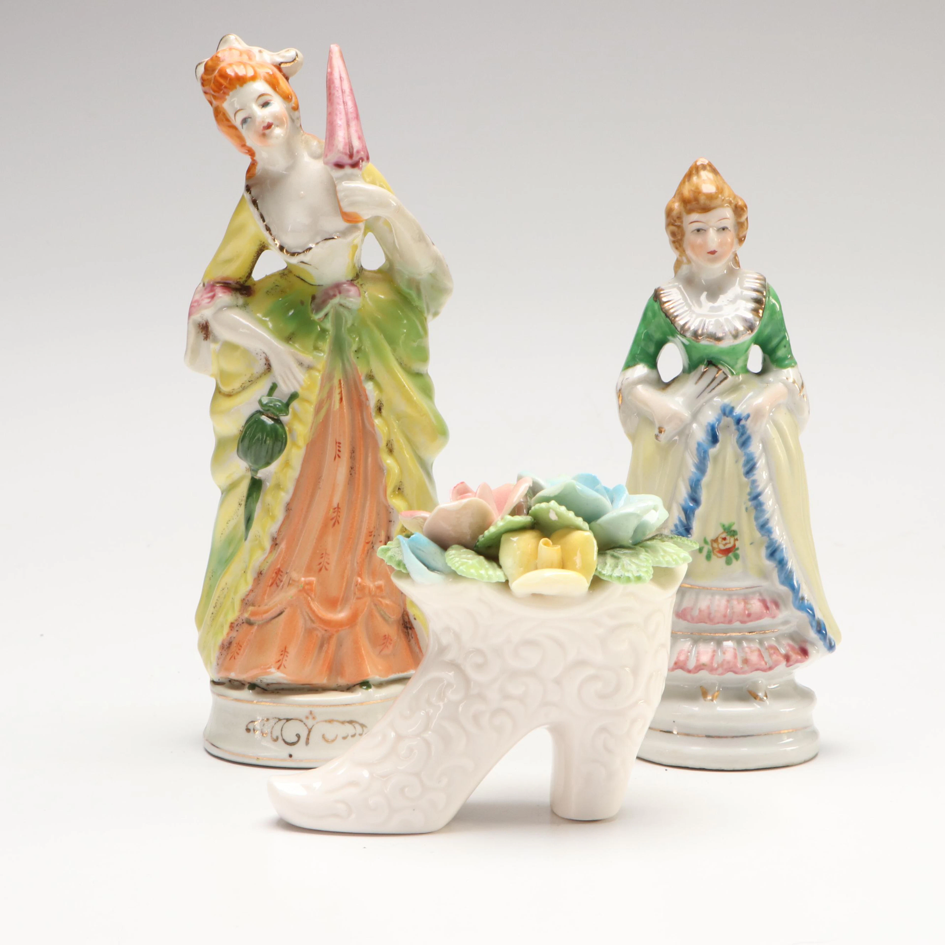 Occupied Japan Victorian Lady Porcelain Figurines with Floral Shoe