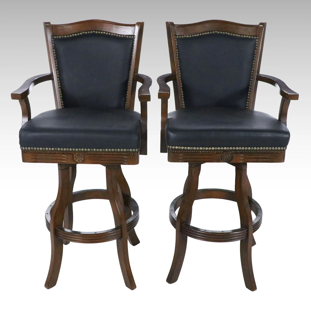 Pair of Wooden Swivel Barstools with Nailhead Trim
