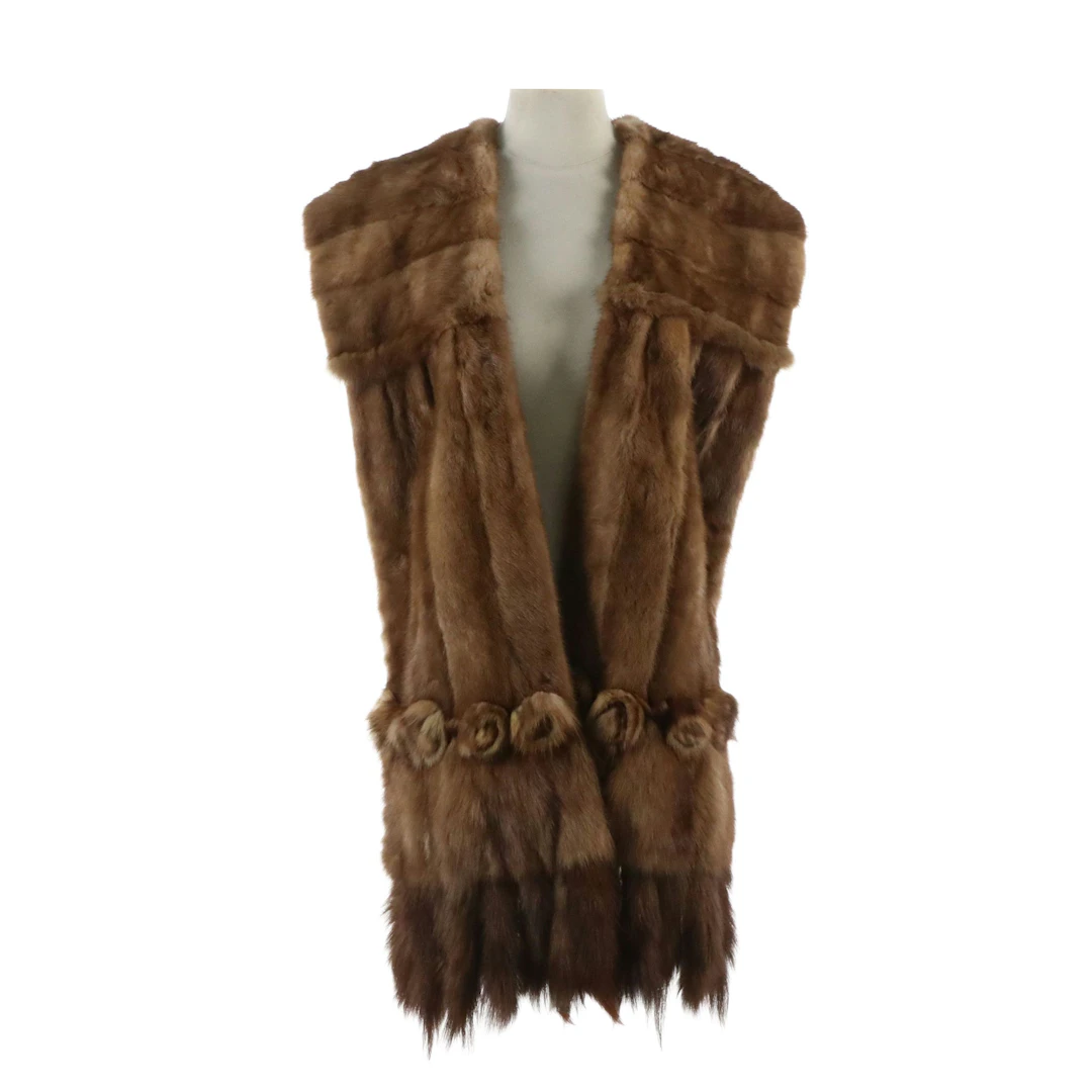 Marten Fur/Mink Fur Pieced Evening Stole with Rosettes and Tail Fringe, Vintage