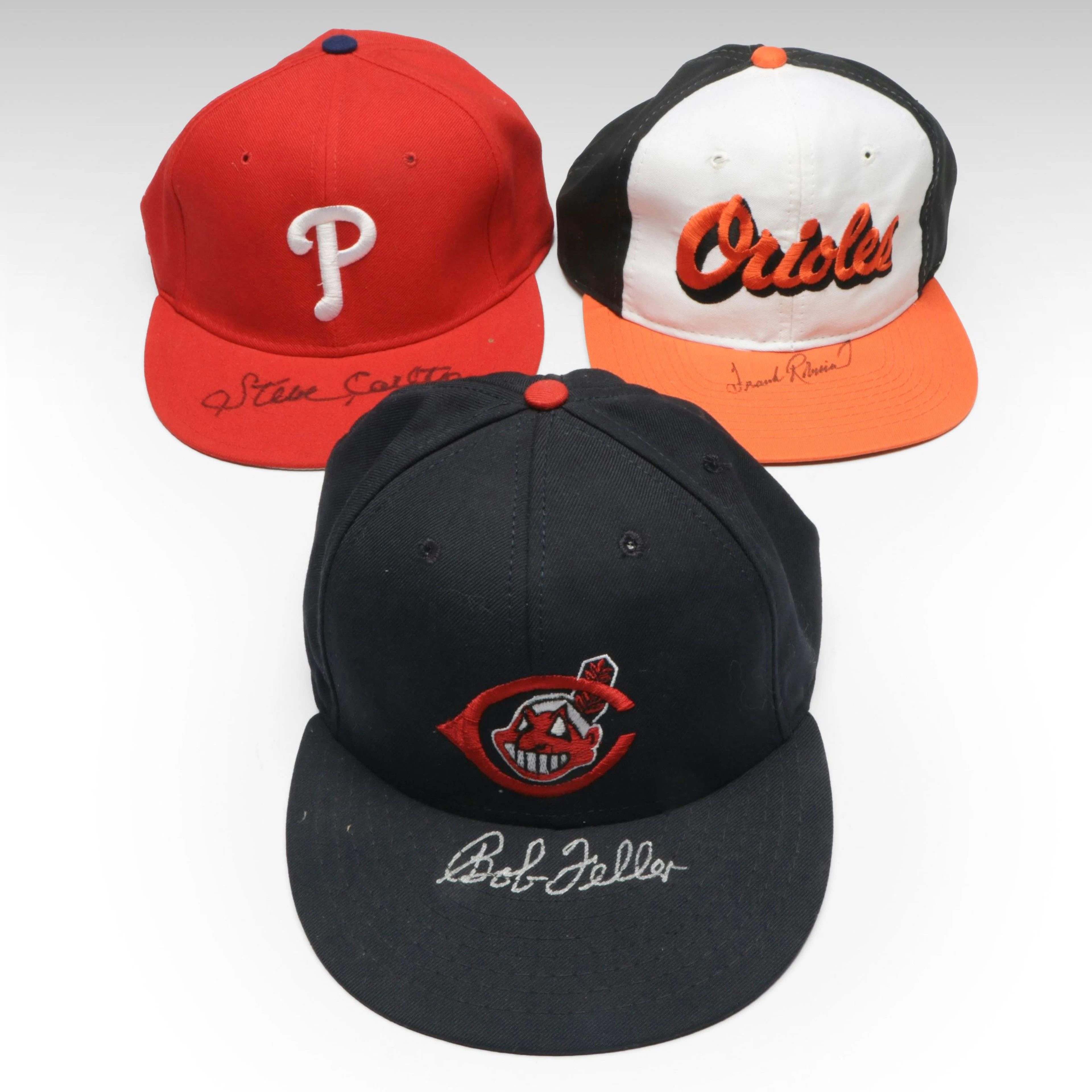 Steve Carlton, Frank Robinson, and Bob Feller Signed Baseball Hats