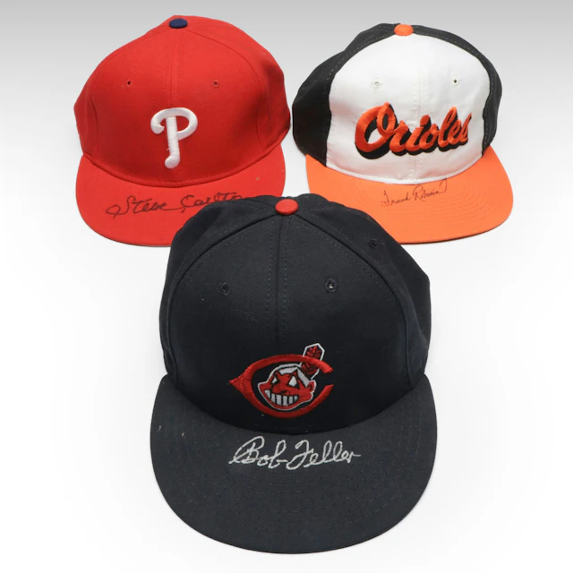 Steve Carlton, Frank Robinson, and Bob Feller Signed Baseball Hats