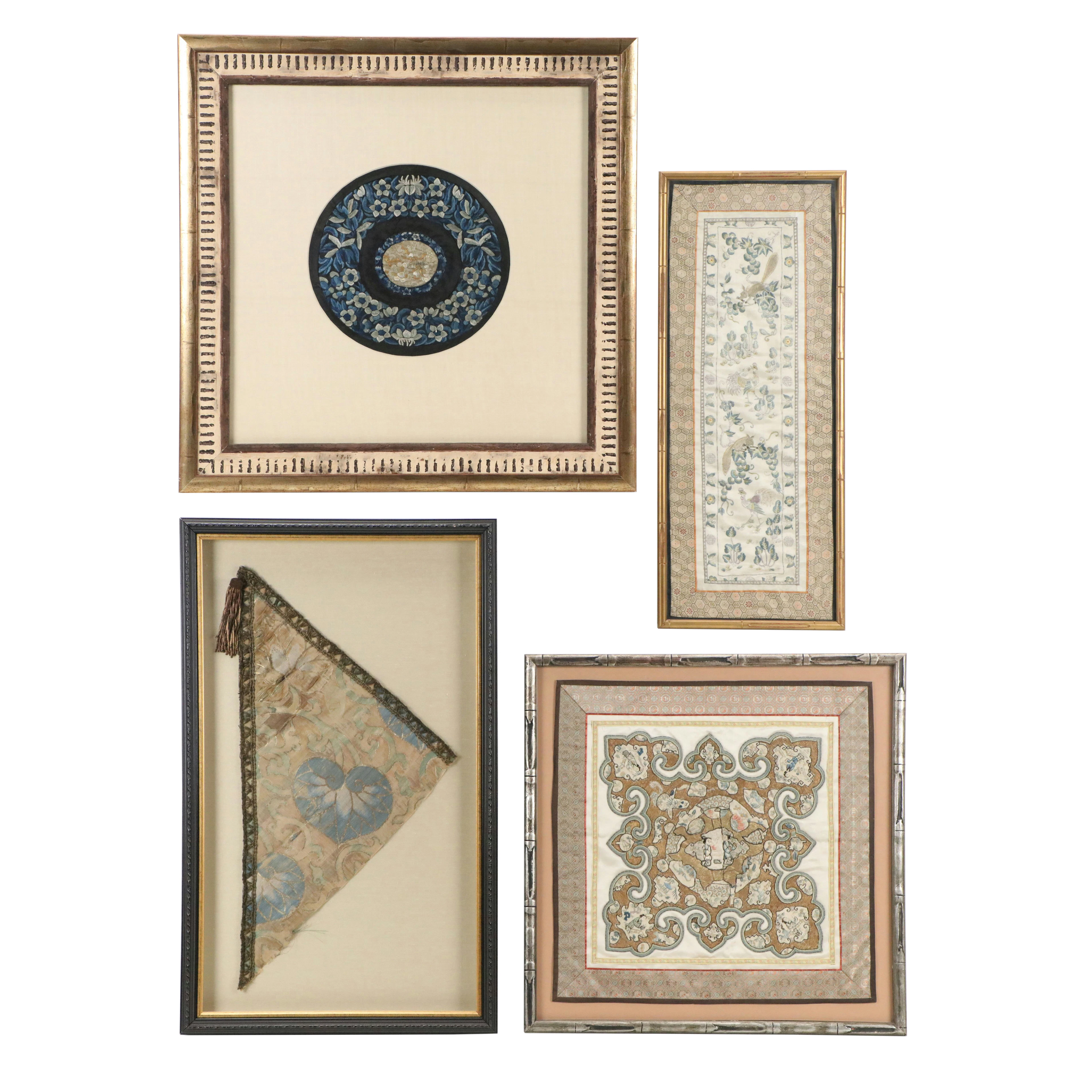 Chinese School Textile Embroidery Panels with Ornamental Motifs