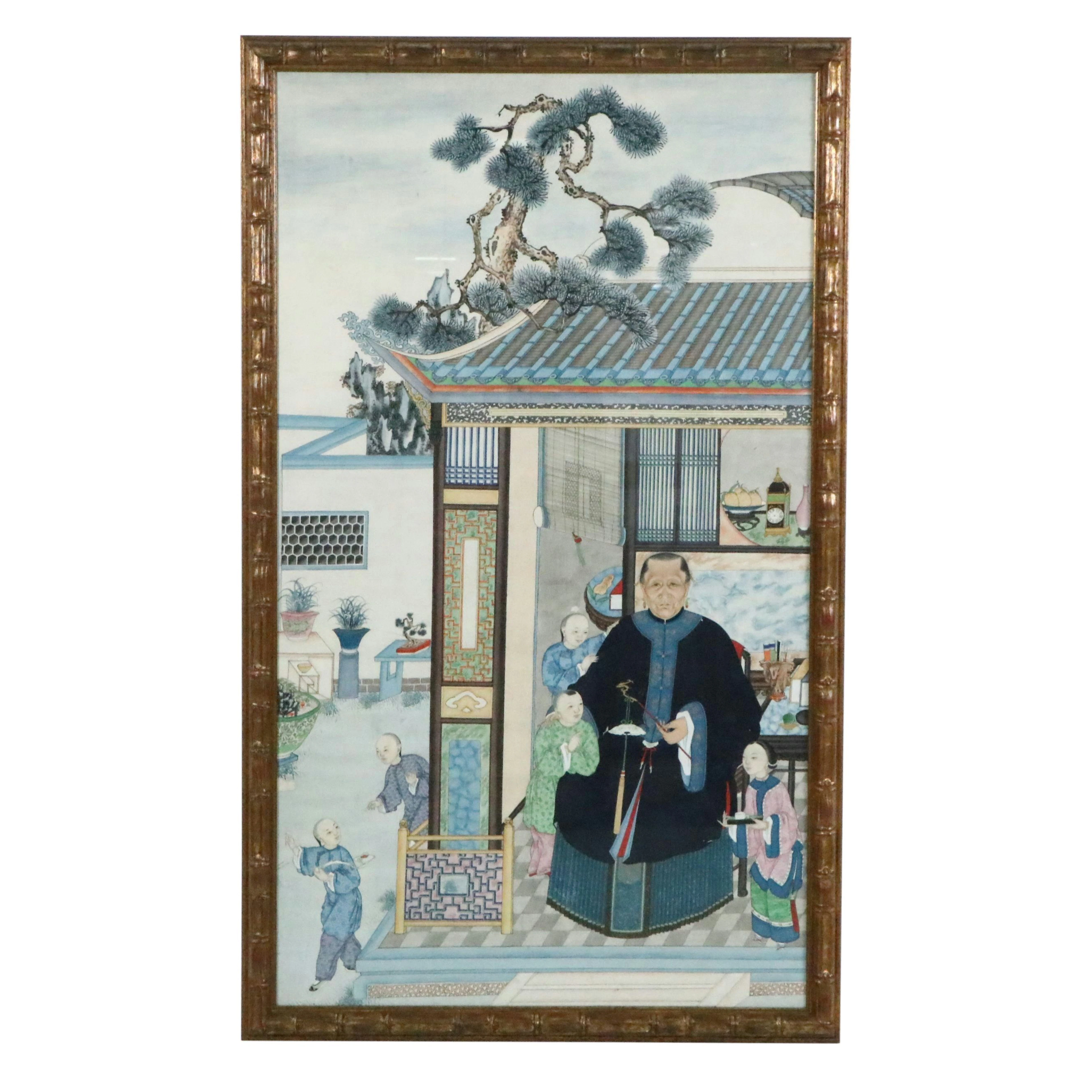 Chinese Qing Dynasty Court Genre Gouache Painting of Elder and Grandchildren