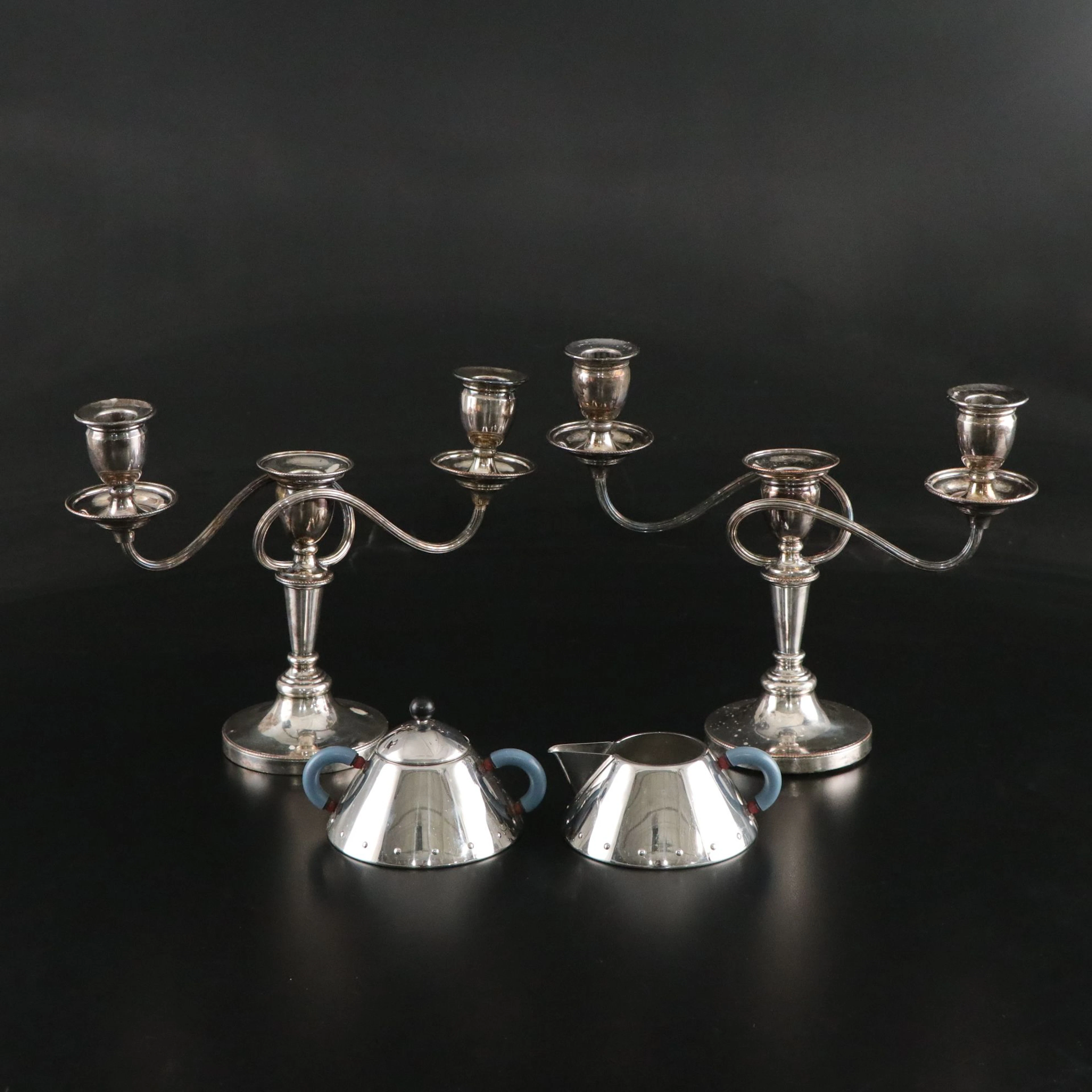 Alessi Sugar Bowl and Creamer with Silver Plate Candelabra