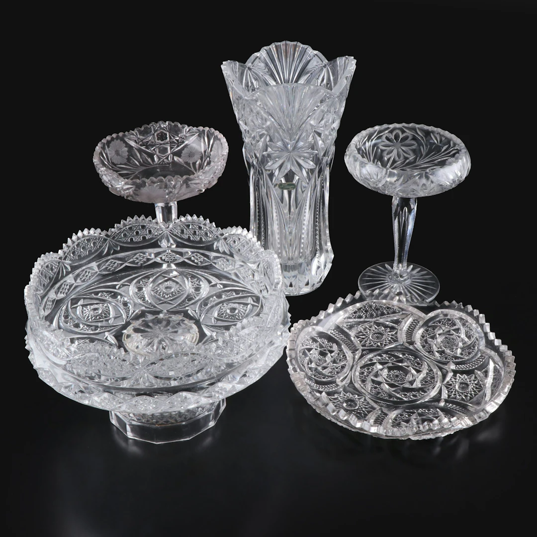 Durand Crystal Vase with American Brilliant Style Cut Glass Tableware