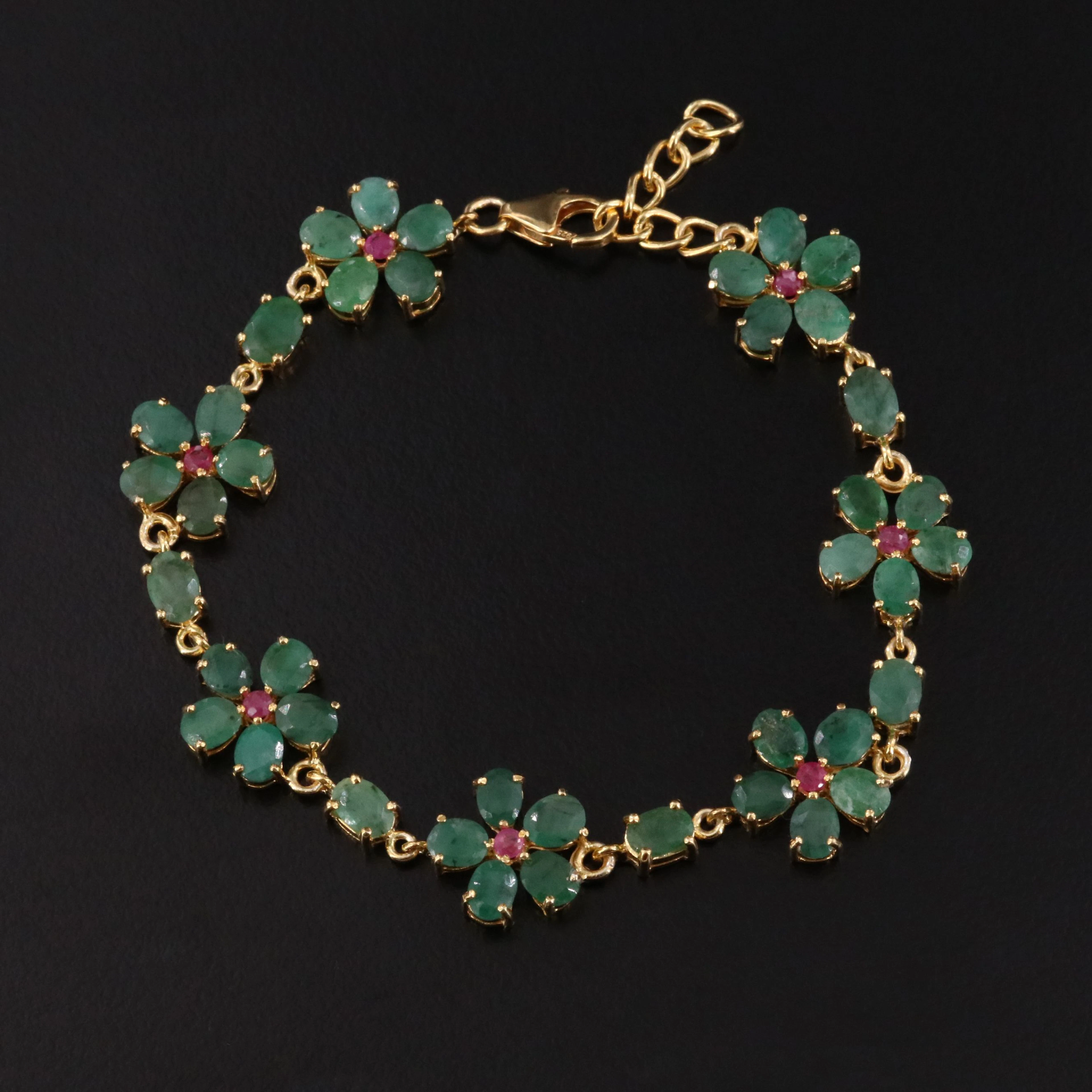 Sterling Emerald and Ruby Flower Bracelet