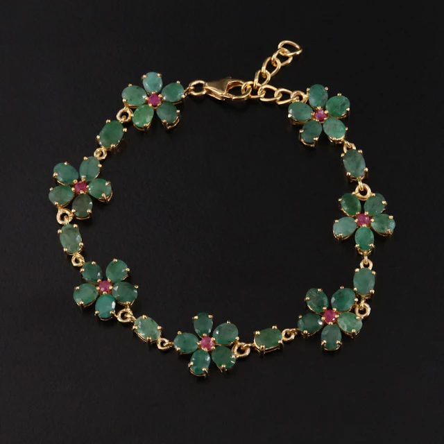 Sterling Emerald and Ruby Flower Bracelet