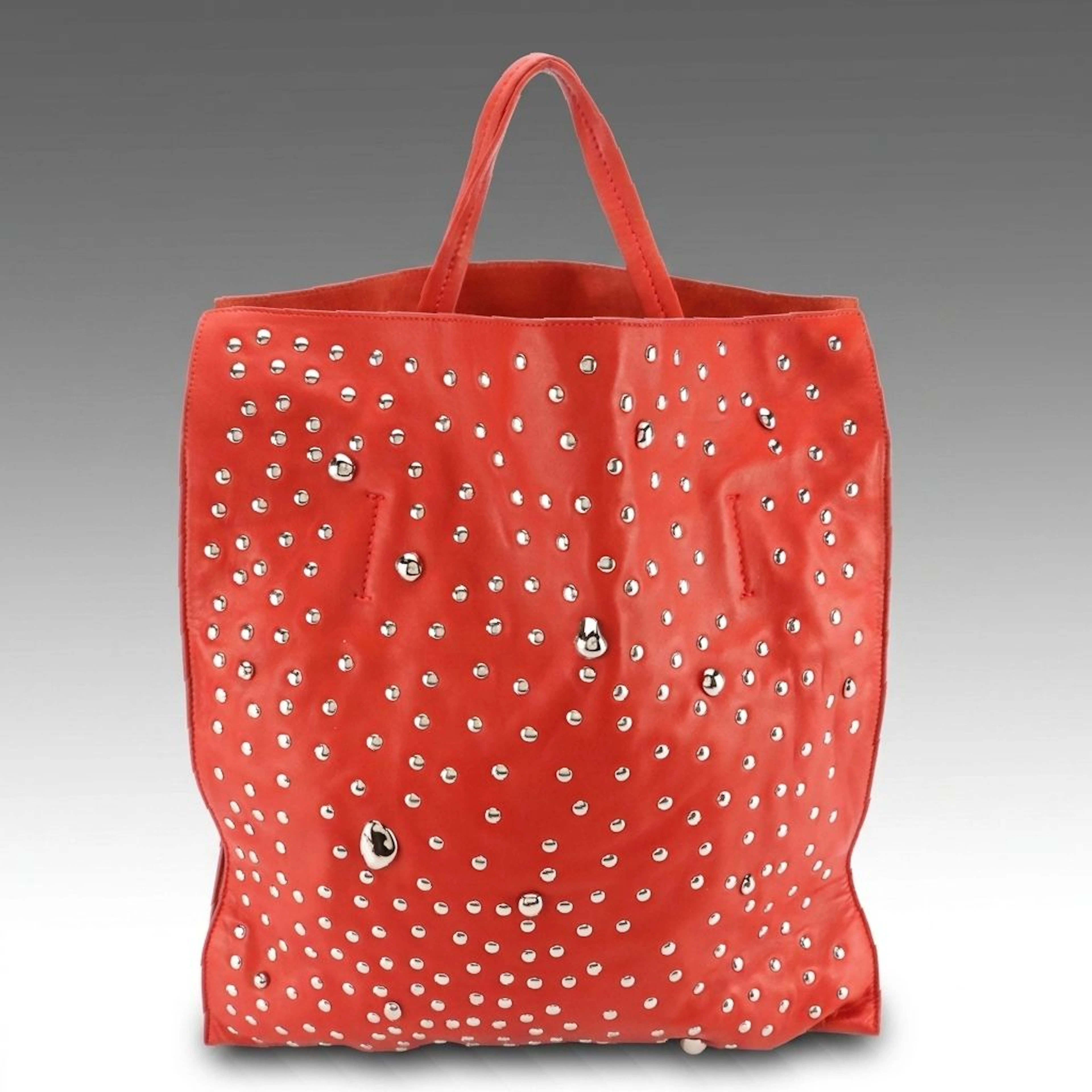 Celine Studded Lambskin Leather Medium Cabas Tote Bag in Poppy