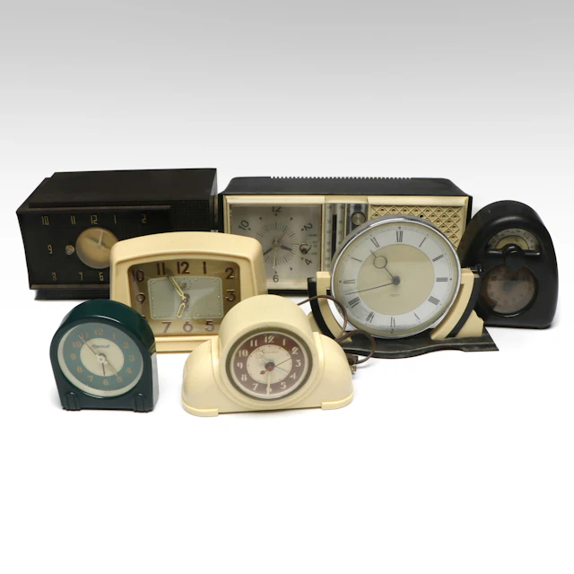 Delmonico Clock Radio with More Art Deco Style Clocks, Early to Mid-20th C.