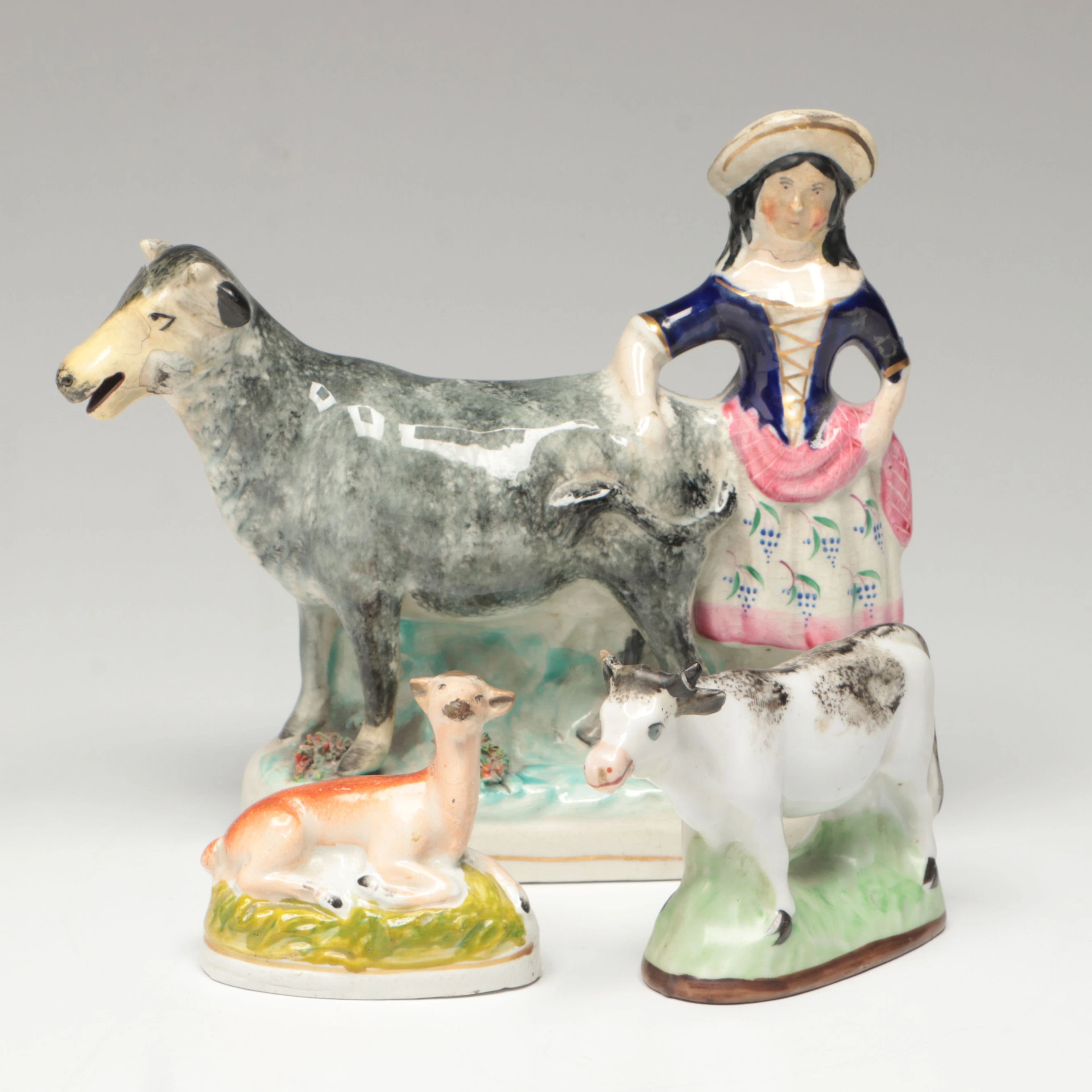 Ceramic Woman with Cow Spill Vase with Seated Deer and Cow Figurines